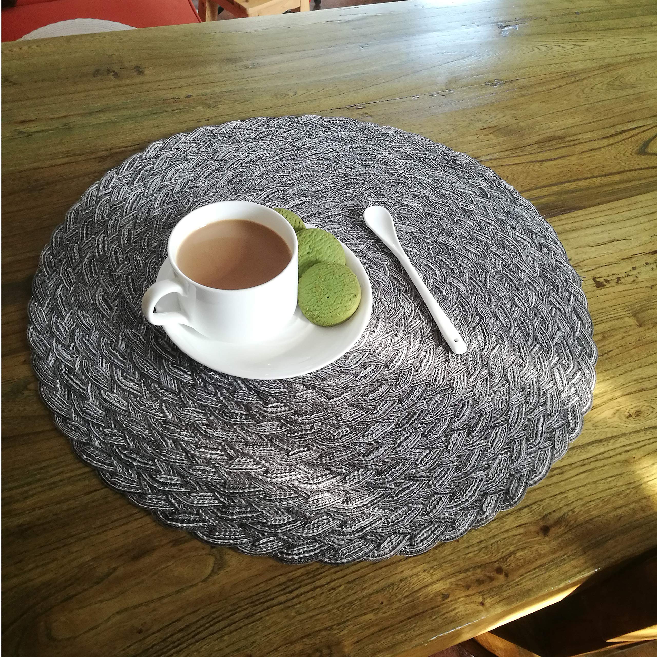 Topotdor Round Placemats Heat-Resistant Stain Resistant Anti-Skid Washable Polyproplene Table Mats Placemats (Set of 6  Braided-Gray)