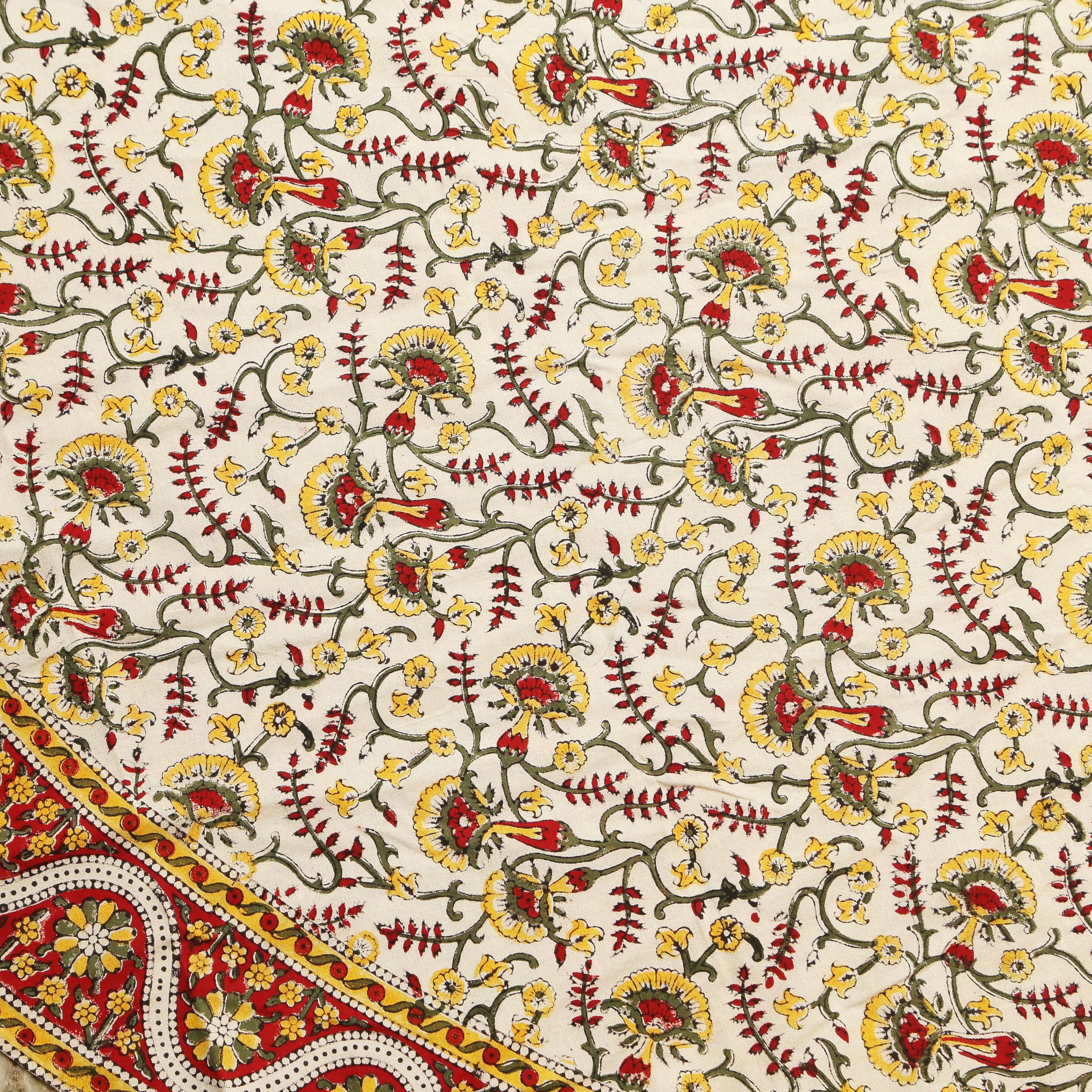 India Arts Hand Block Print Tablecloth Round 72 Inch, 100% Cotton Red Yellow Floral Table Cloth For Kitchen Dining Linen, Weddin