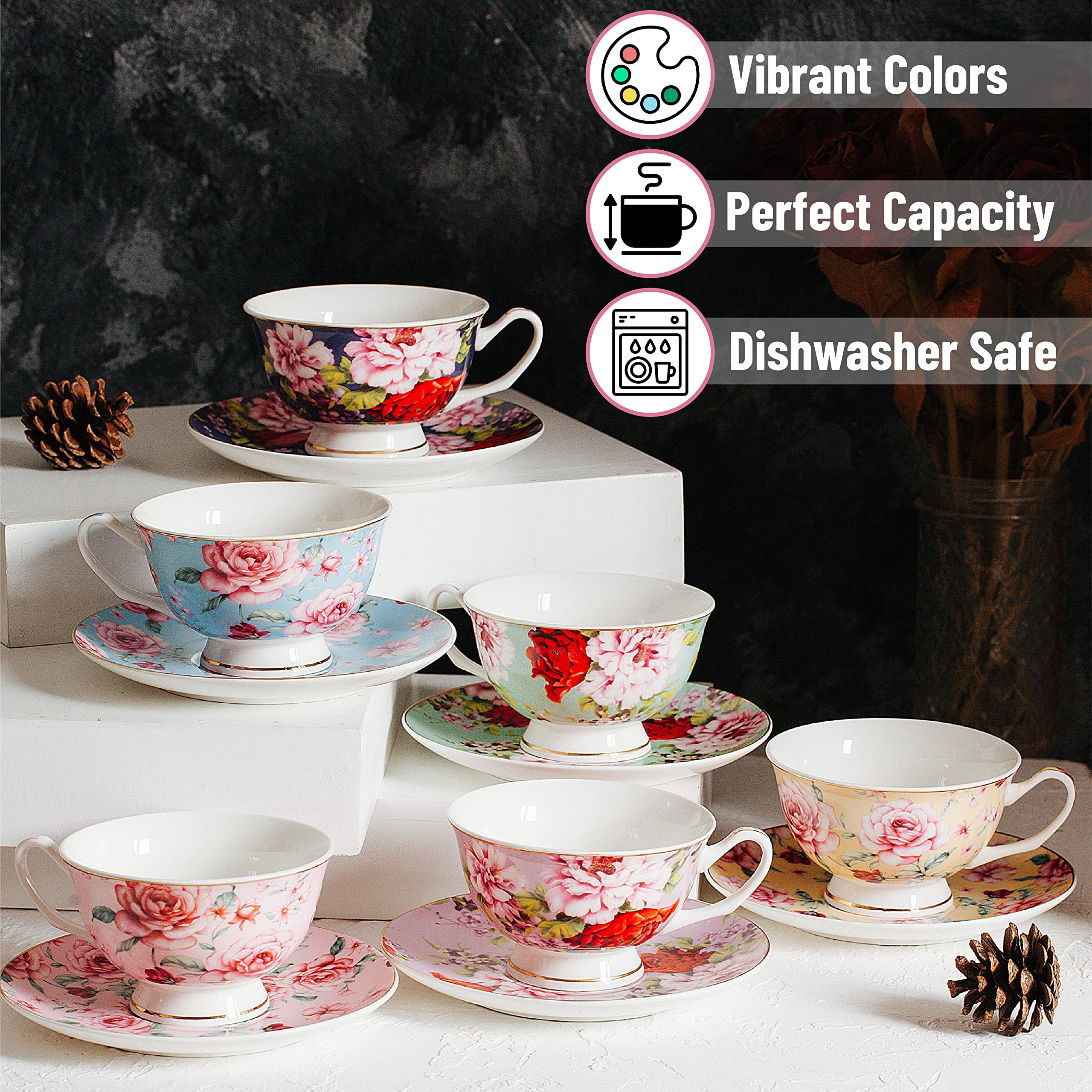 Btat- Tea Cups, Tea Cups And Saucers Set Of 6, Tea Set, Floral Tea Cups (8Oz), Tea Cups And Saucers Set, Tea Set, Porcelain Tea