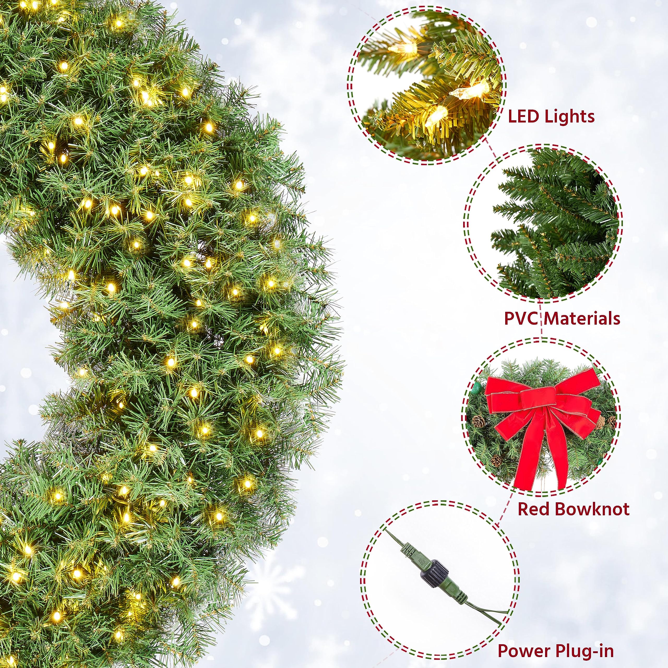 Yaheetech 48in Large Artificial Christmas Wreath, Pre-lit Holiday Accent Decoration with Red Bow, 200 LED Lights & 720 PVC Tips,