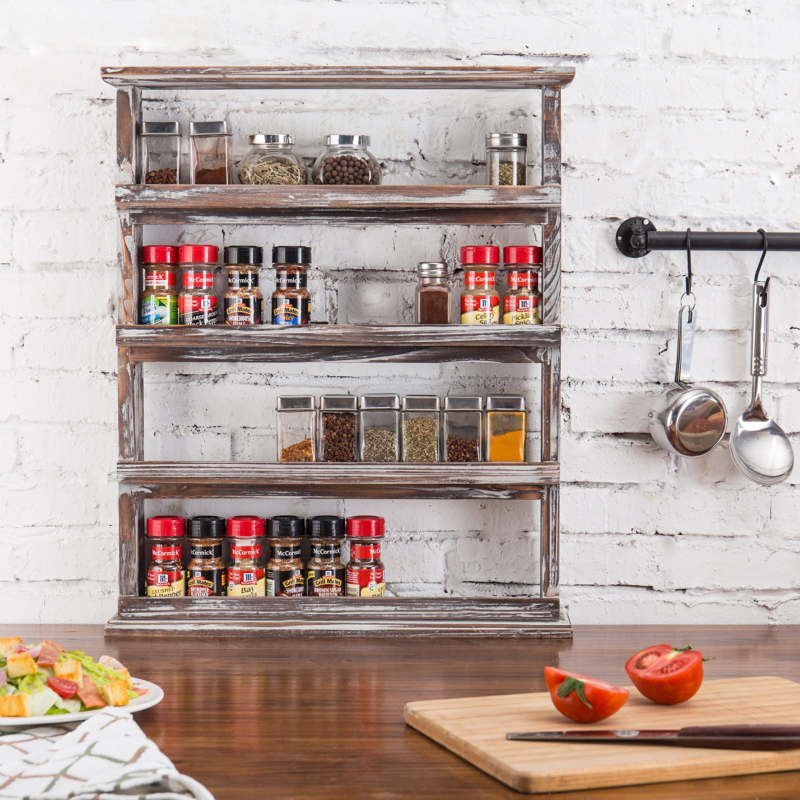 MyGift Rustic Torched Wood Wall Hanging Spice Rack, 4 Tier Seasoning Jar Shelves Pantry Organizer