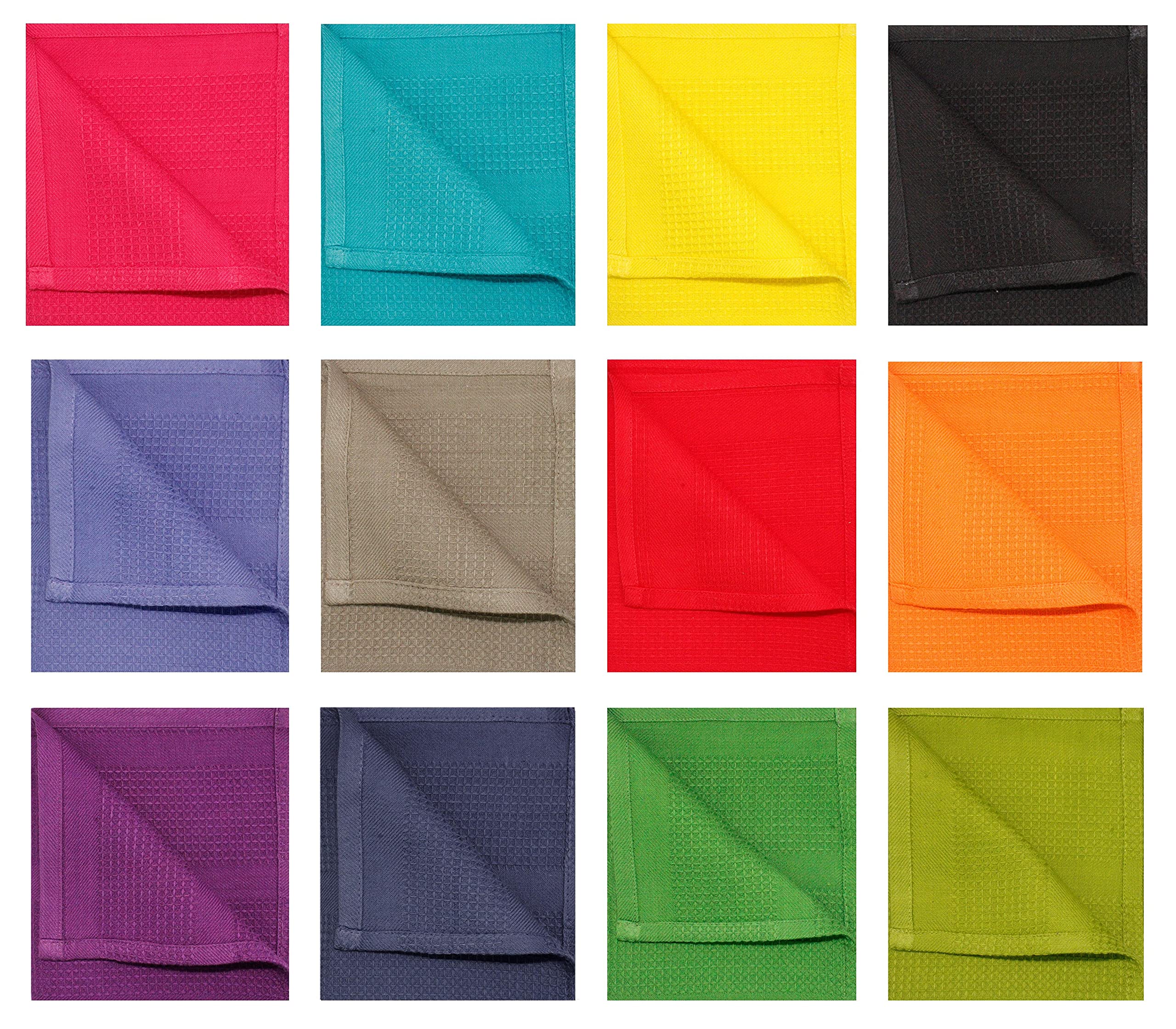 Cotton Craft 12 Pack Multicolor Kitchen Towels 16X28 Inches- Pure Cotton, Absorbent Waffle Weave