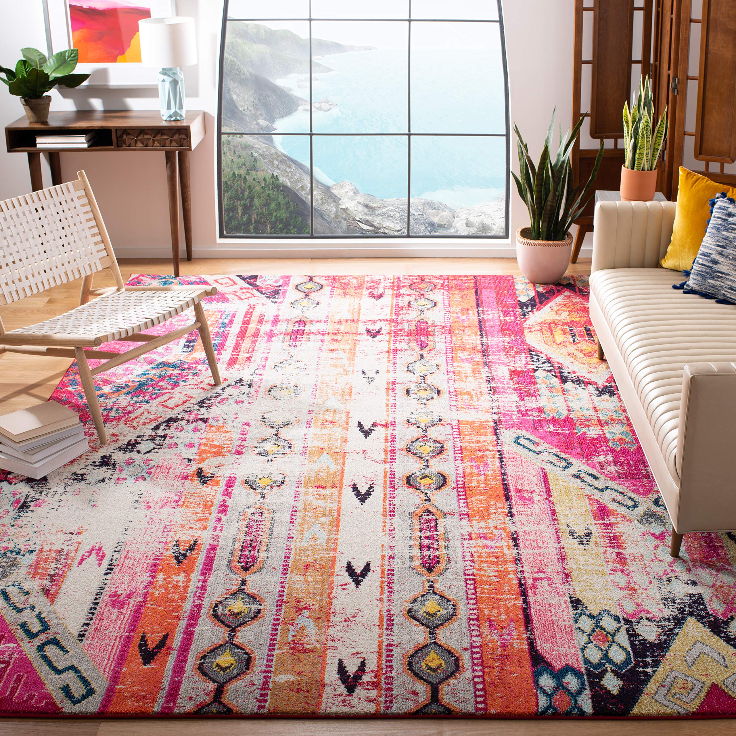 SAFAVIEH Monaco Collection Area Rug - 8 x 11, Magenta & Multi, Boho Chic Tribal Distressed Design, Non-Shedding & Easy Care, I