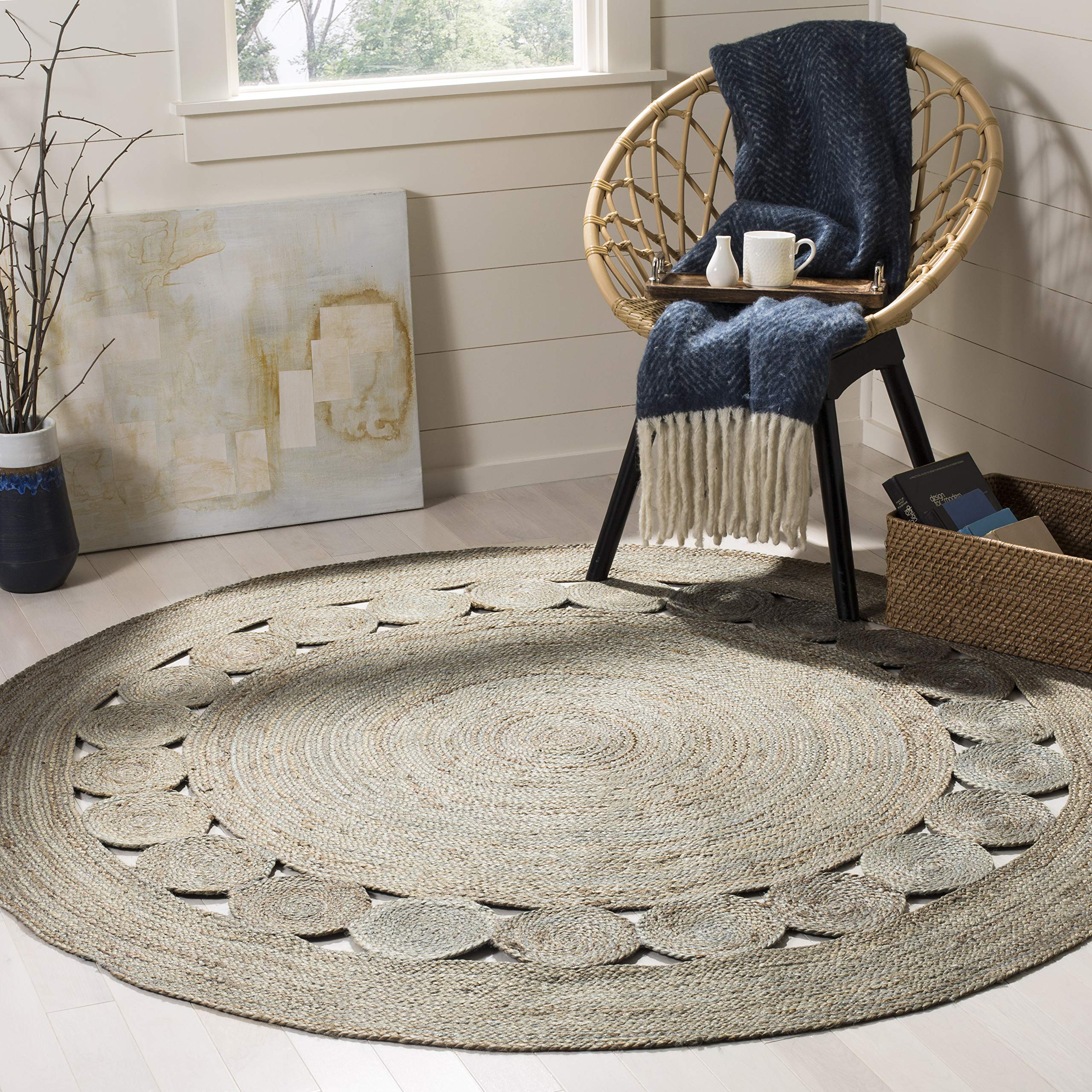 SAFAVIEH Natural Fiber Round Collection 66 Round Grey NF364C Handmade Boho Charm Farmhouse Jute Area Rug