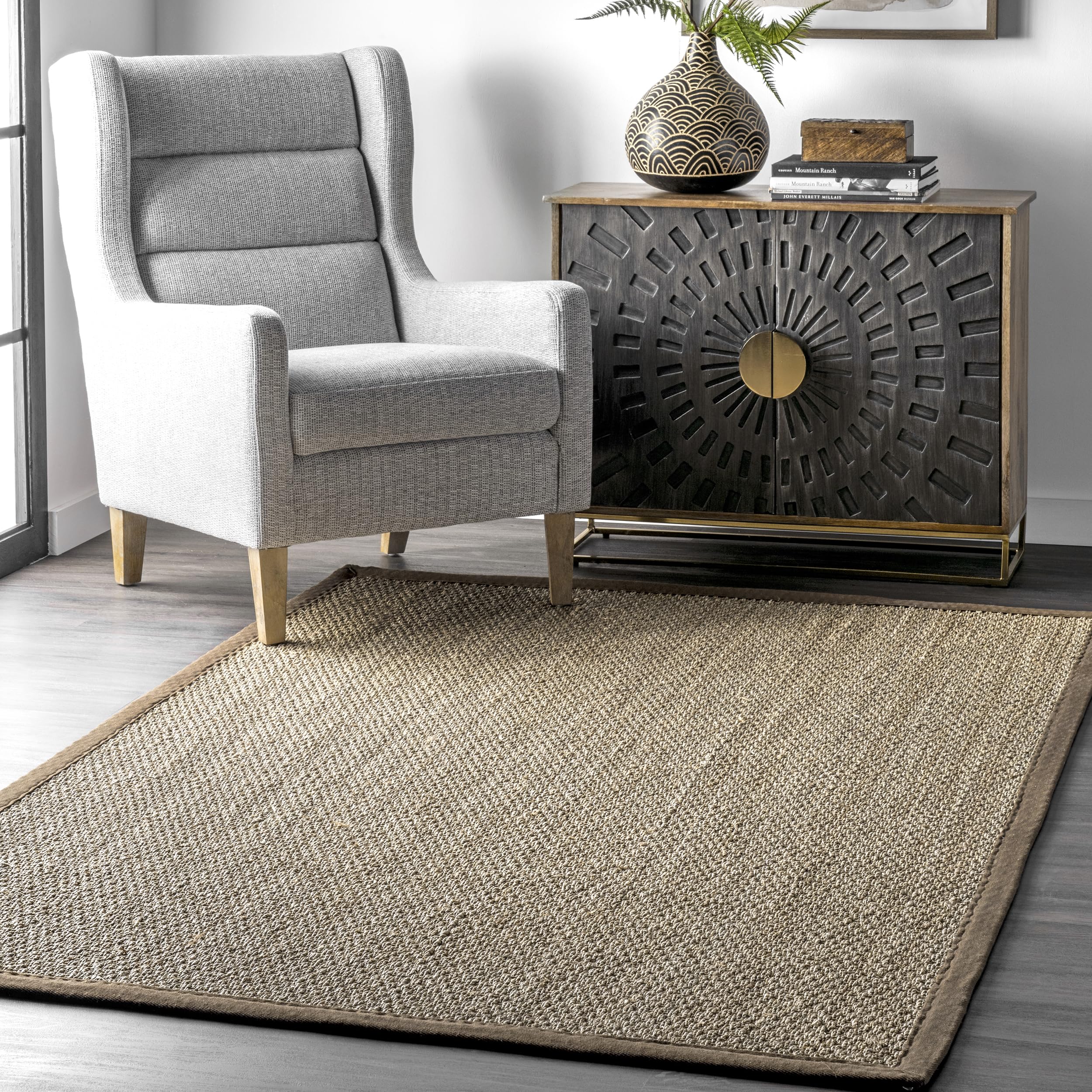 nuLOOM 6x9 Elijah Seagrass Area Rug, Brown, Solid Farmhouse Style, Cotton Bordered, Basketweave, Natural Fiber, For Bedroom, Din