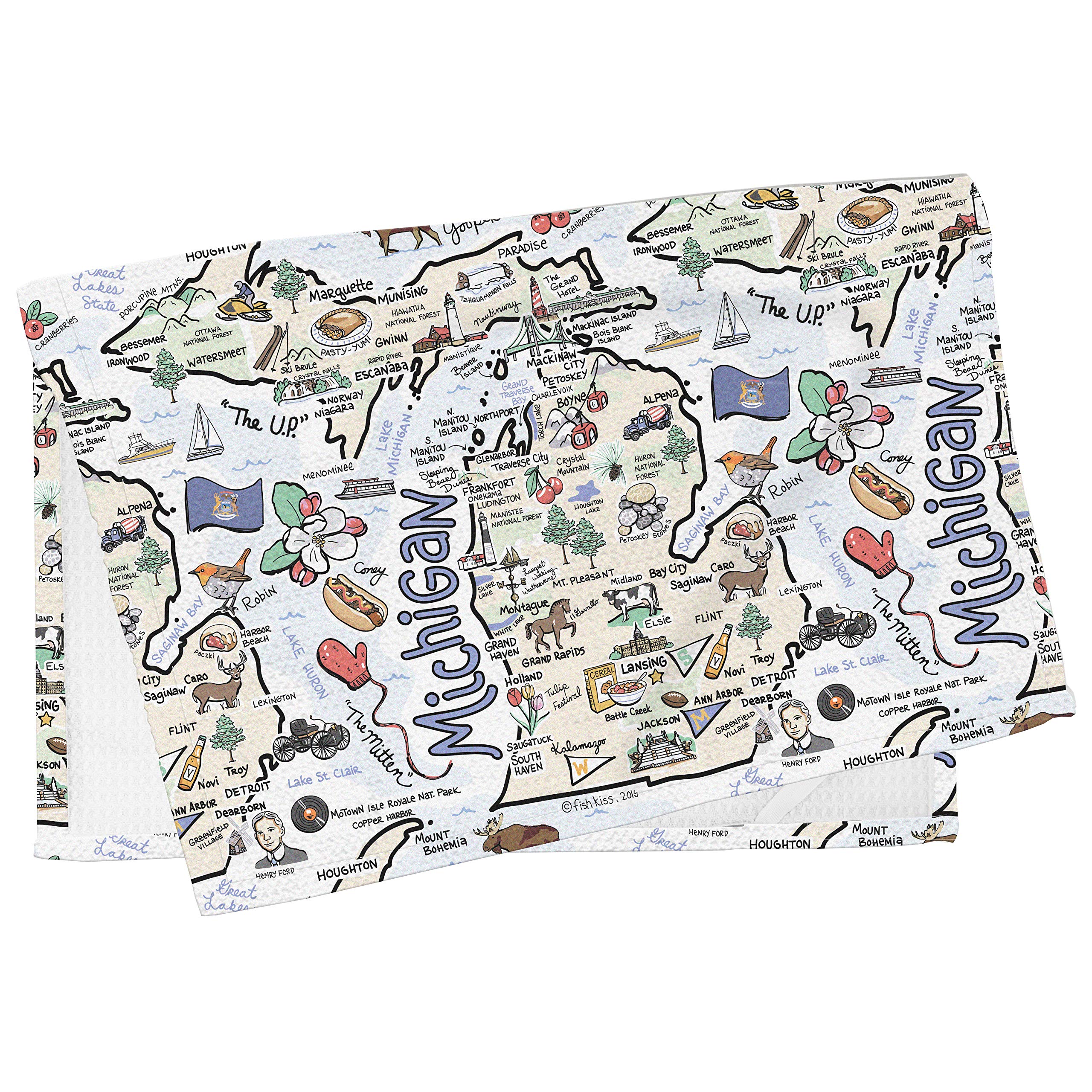 Fish Kiss 16''X24'' Michigan Map Towel Is 100% Microfiber Waffle Weave Help You Explore In Detail - Our Super Absorbent & Soft,