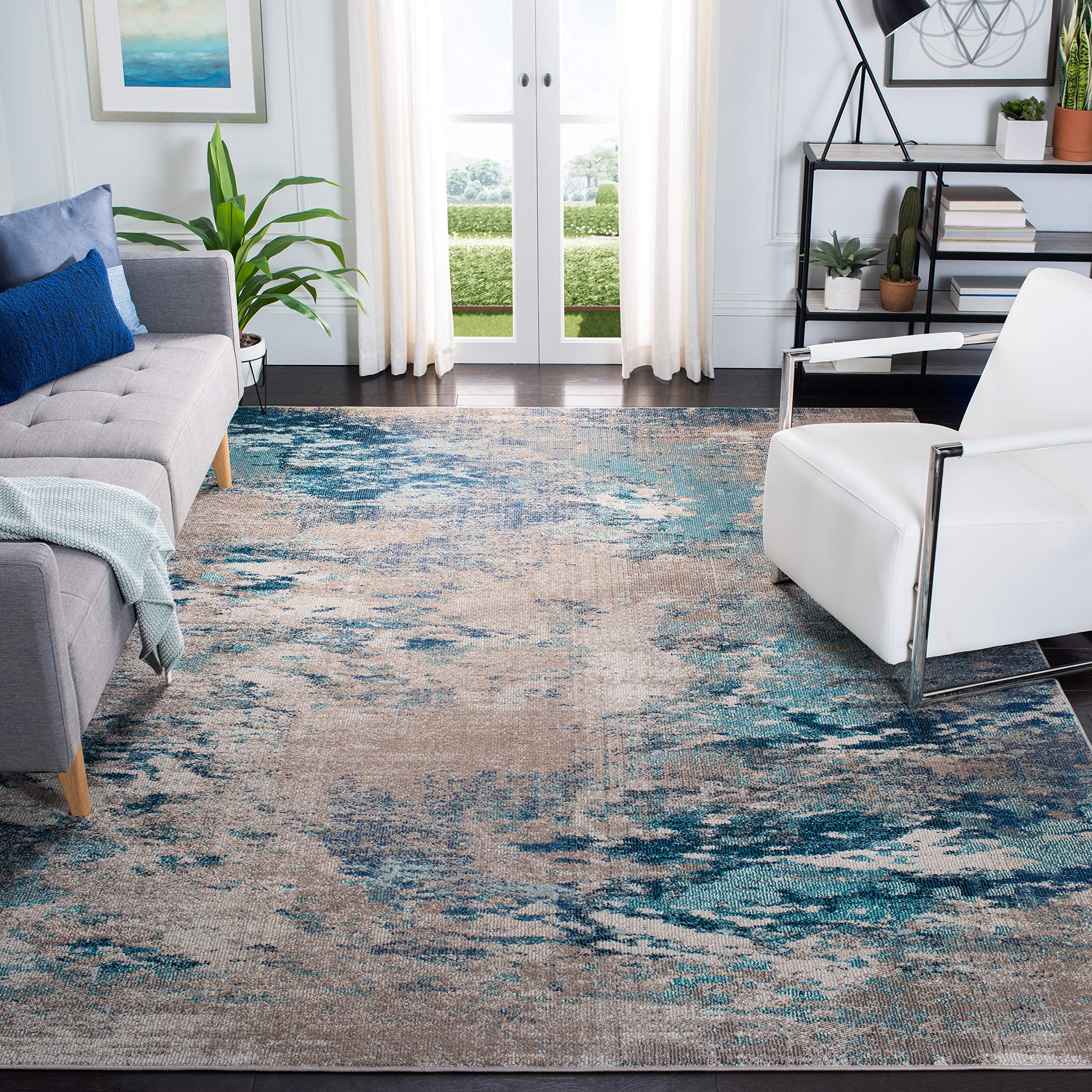 SAFAVIEH Madison Collection Area Rug - 10 x 14, Blue & Grey, Modern Boho Abstract Design, Non-Shedding & Easy Care, Ideal for 