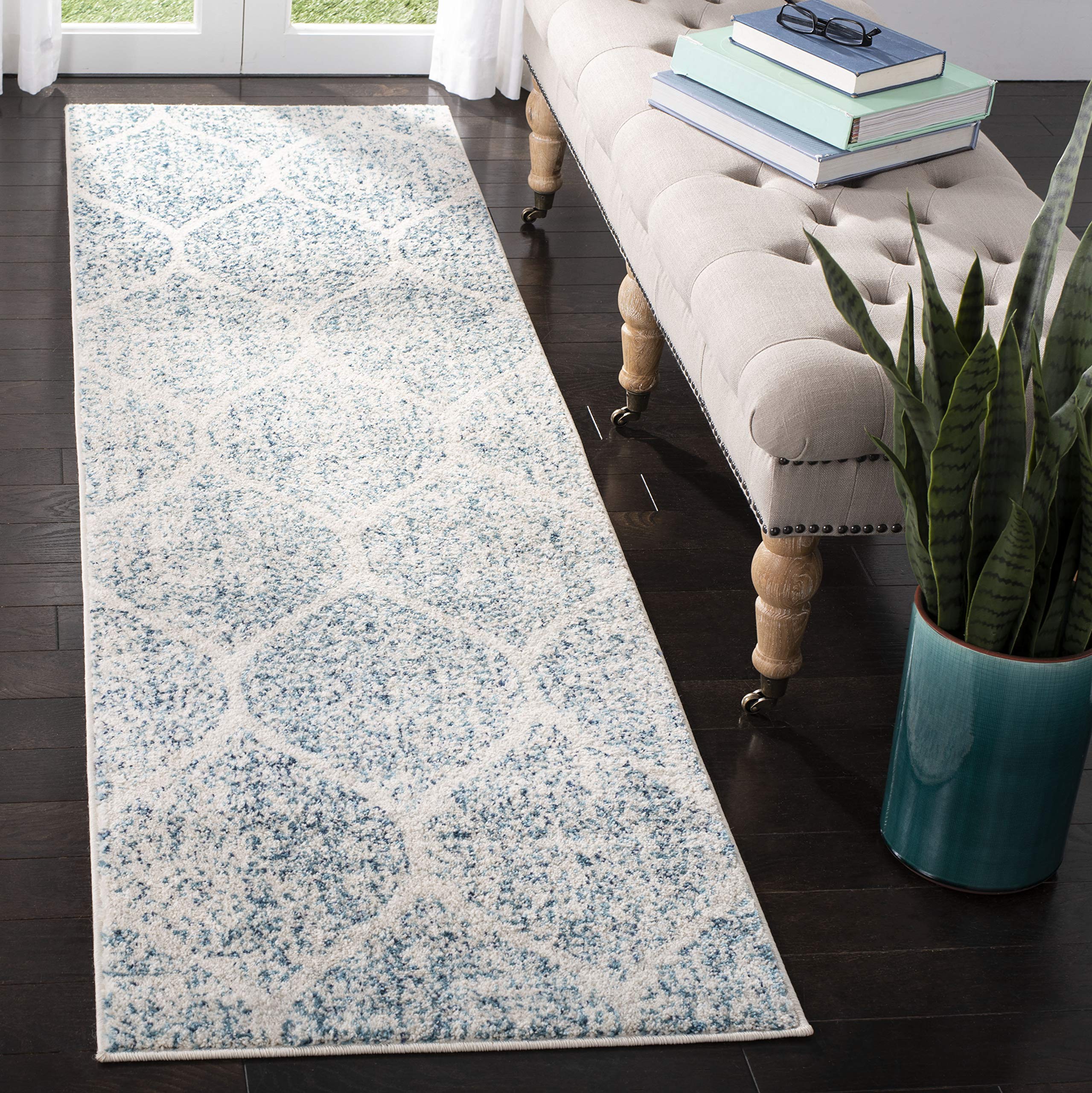SAFAVIEH Madison Collection Runner Rug - 23 x 12, Cream & Turquoise, Glam Ogee Trellis Distressed Design, Non-Shedding & Easy 