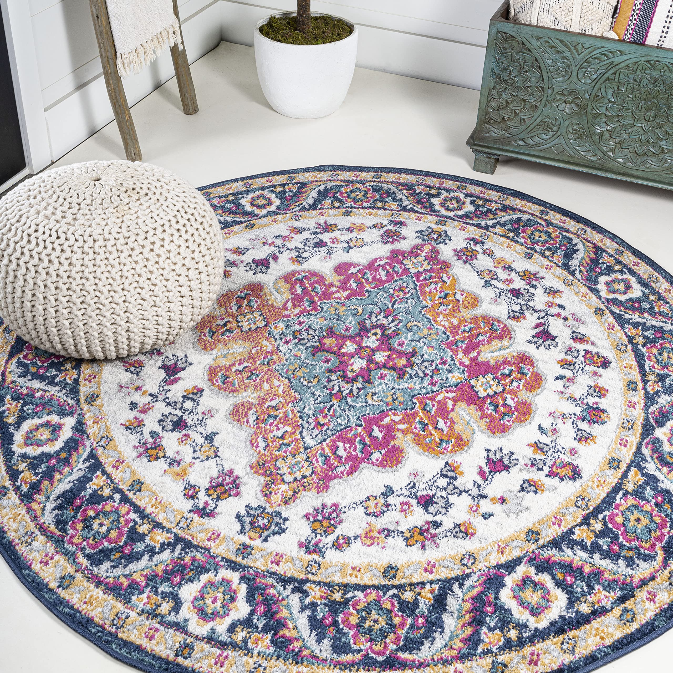 JONATHAN Y BMF106A-9R Bohemian Flair Boho Vintage Medallion Blue/Multi 9 Round Area Rug for Bedroom, Kitchen, Living Room, Offi
