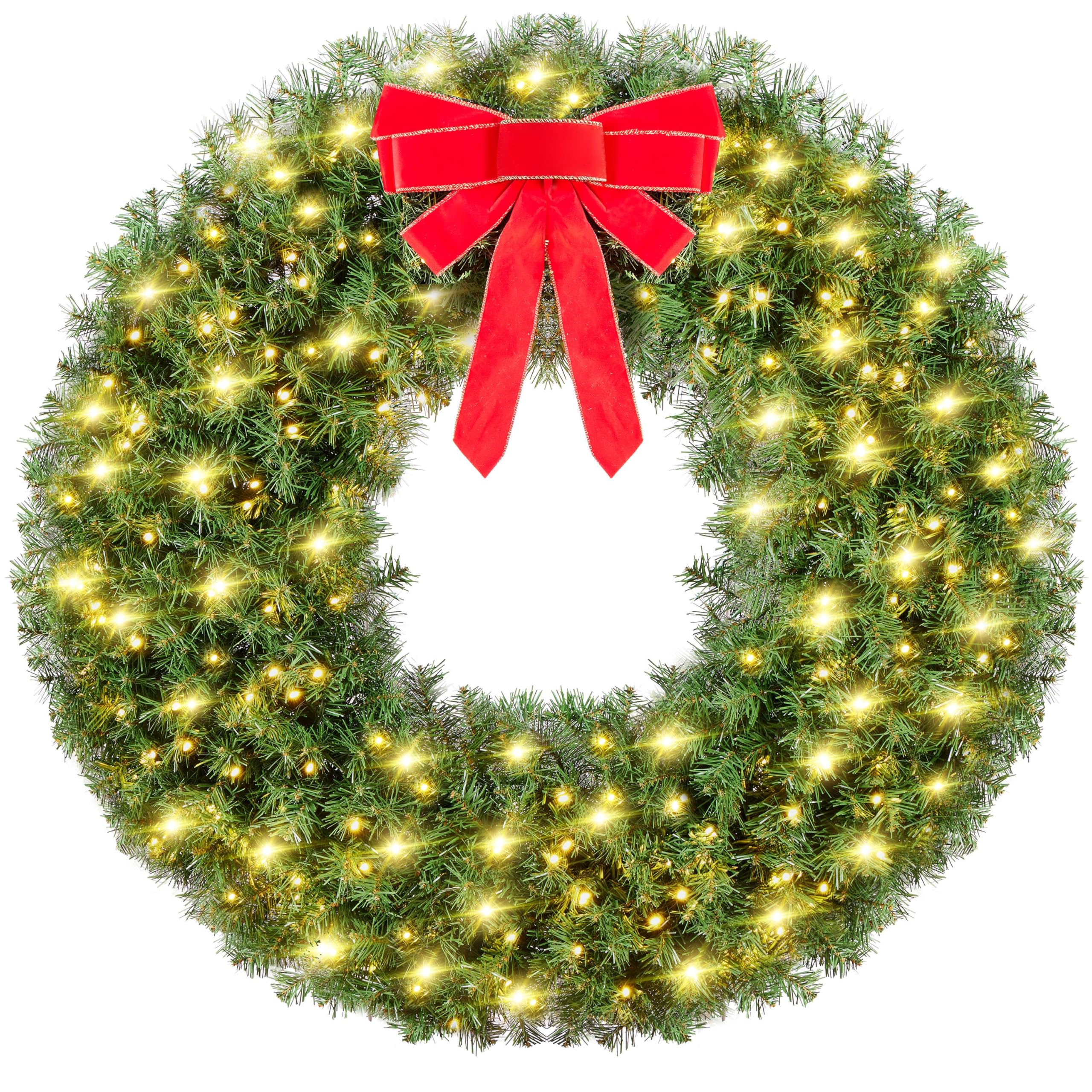 Yaheetech 48in Large Artificial Christmas Wreath, Pre-lit Holiday Accent Decoration with Red Bow, 200 LED Lights & 720 PVC Tips,