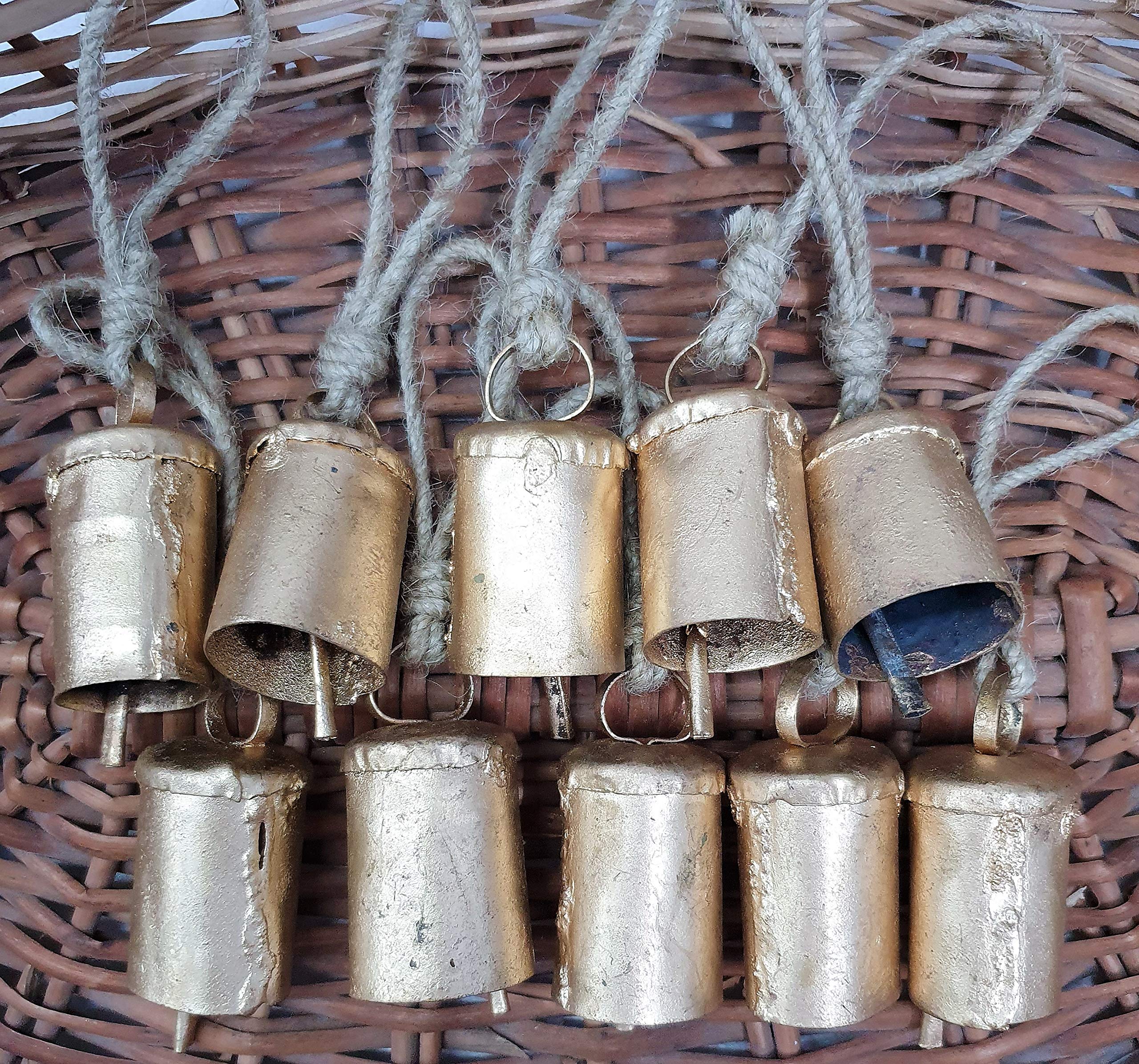 HIGHBIX 7cm Big Vintage Rustic Lucky Tin Metal Cow Bells Handmade Christmas D  cor Bells on Jute Rope (10, Cylinder)