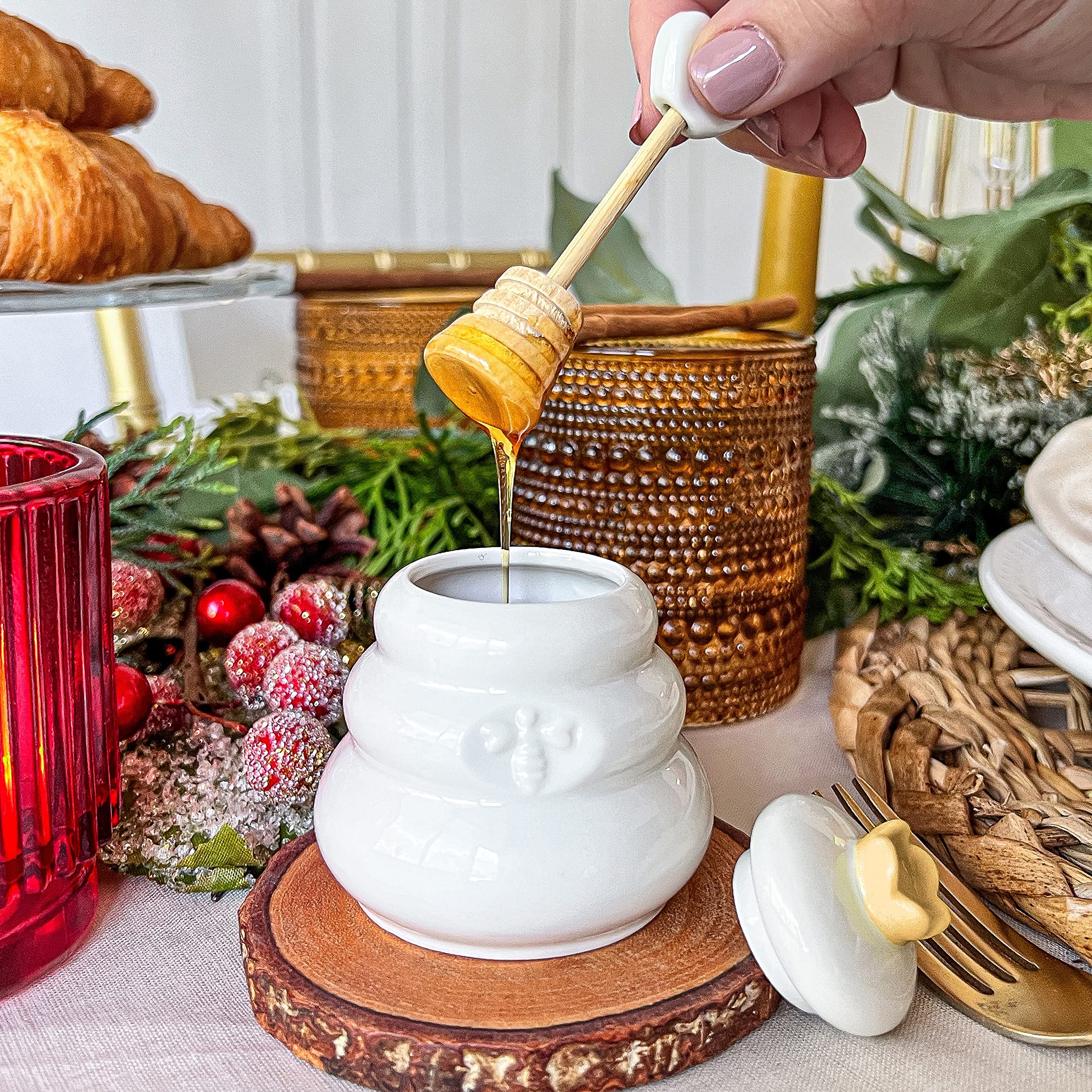 Kate Aspen Ceramic Bee Hive Mini Honey Jar & Wooden Honey Dipper Set (Set Of 2) Kitchen Decor, Bumblebee Baby Shower Prize, Take