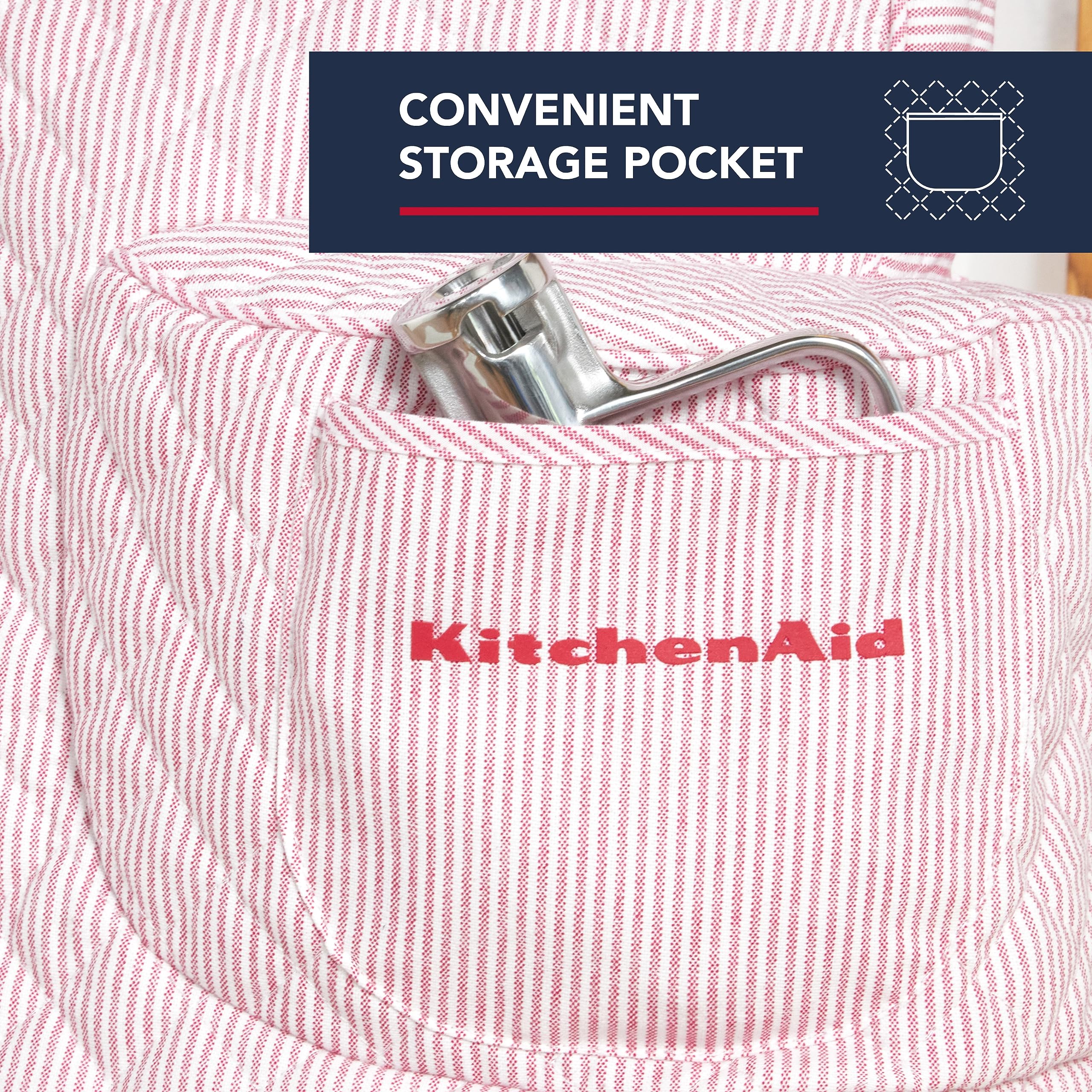 Kitchenaid Fitted Tilt-Head Ticking Stripe Stand Mixer Cover With Storage Pocket, Quilted 100% Cotton, Hibiscus Pink, 14.4''X18'