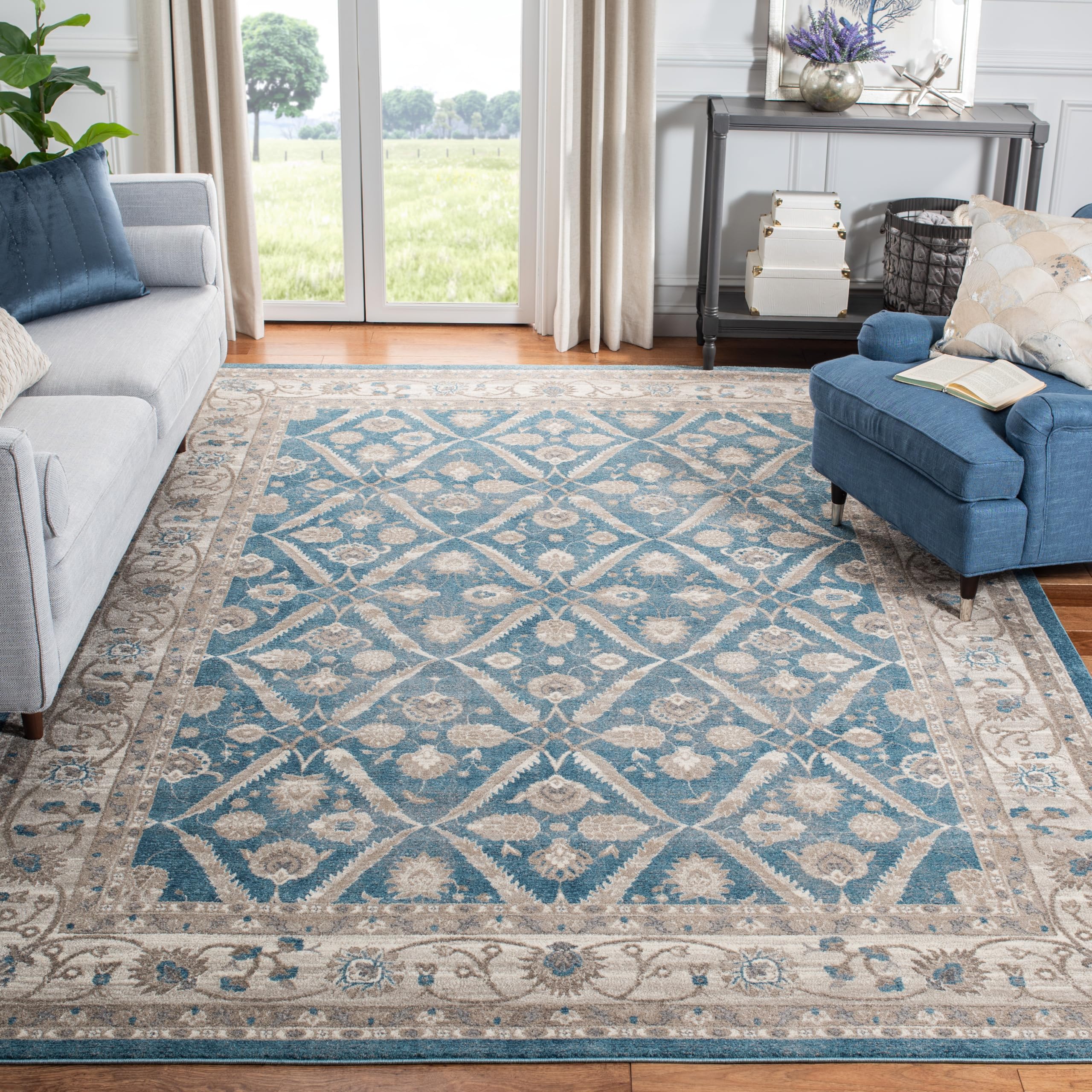 SAFAVIEH Sofia Collection Area Rug - 9 x 12, Blue & Beige, Vintage Oriental Distressed Design, Non-Shedding & Easy Care, Ideal