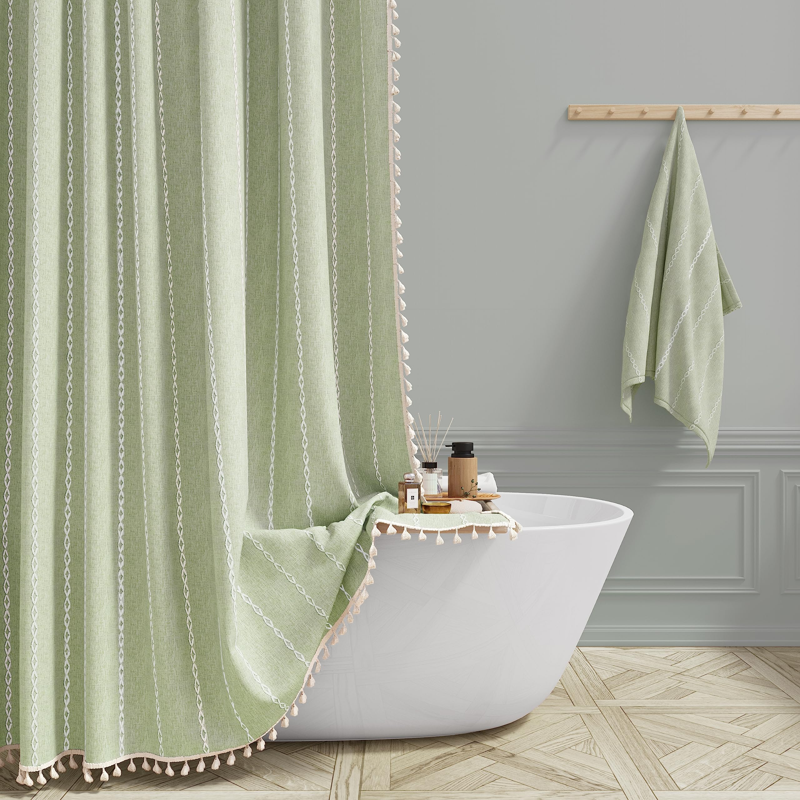 Bttn Sage Green Farmhouse Shower Curtain, Boho Linen Striped Heavy Duty Fabric Shower Curtain Set With Tassel, Bohemian Country
