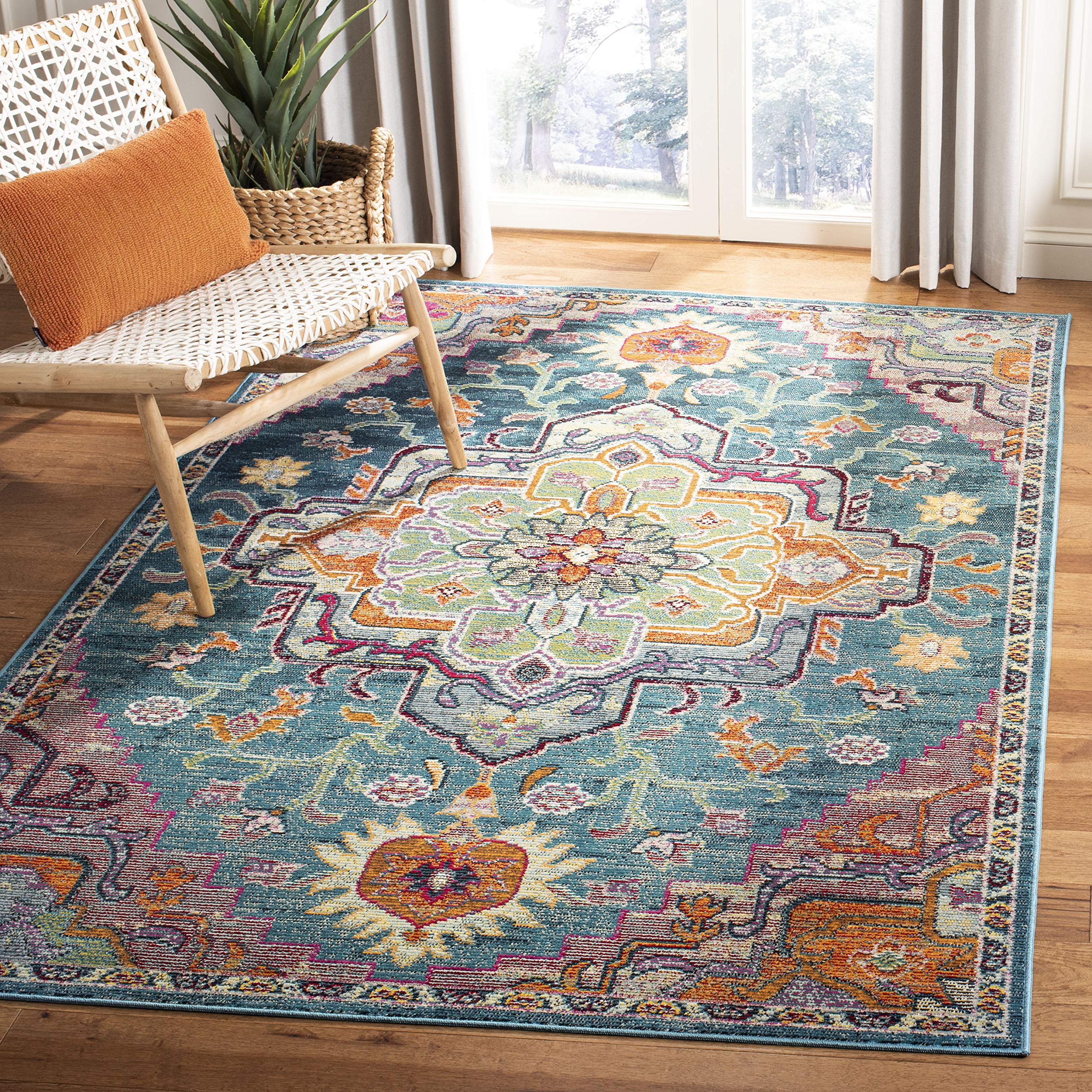 SAFAVIEH Crystal Collection Accent Rug - 3 x 5, Teal & Rose, Medallion Distressed Design, Non-Shedding & Easy Care, Ideal for 