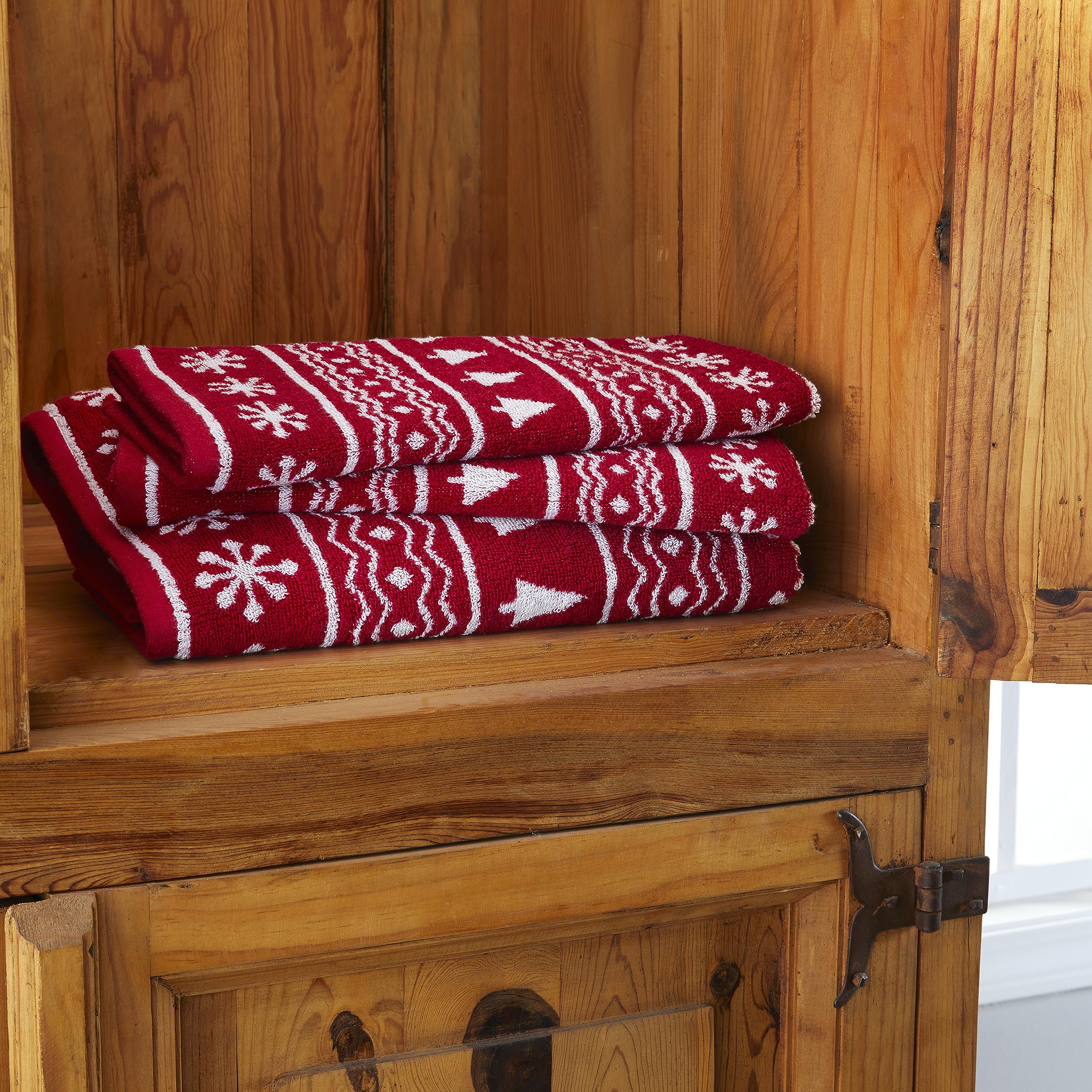 Skl Home Winter/Christmas Fair Isle Hand Towel 2Pc Set For Bath/Kitchen/Bar & Gift, Red