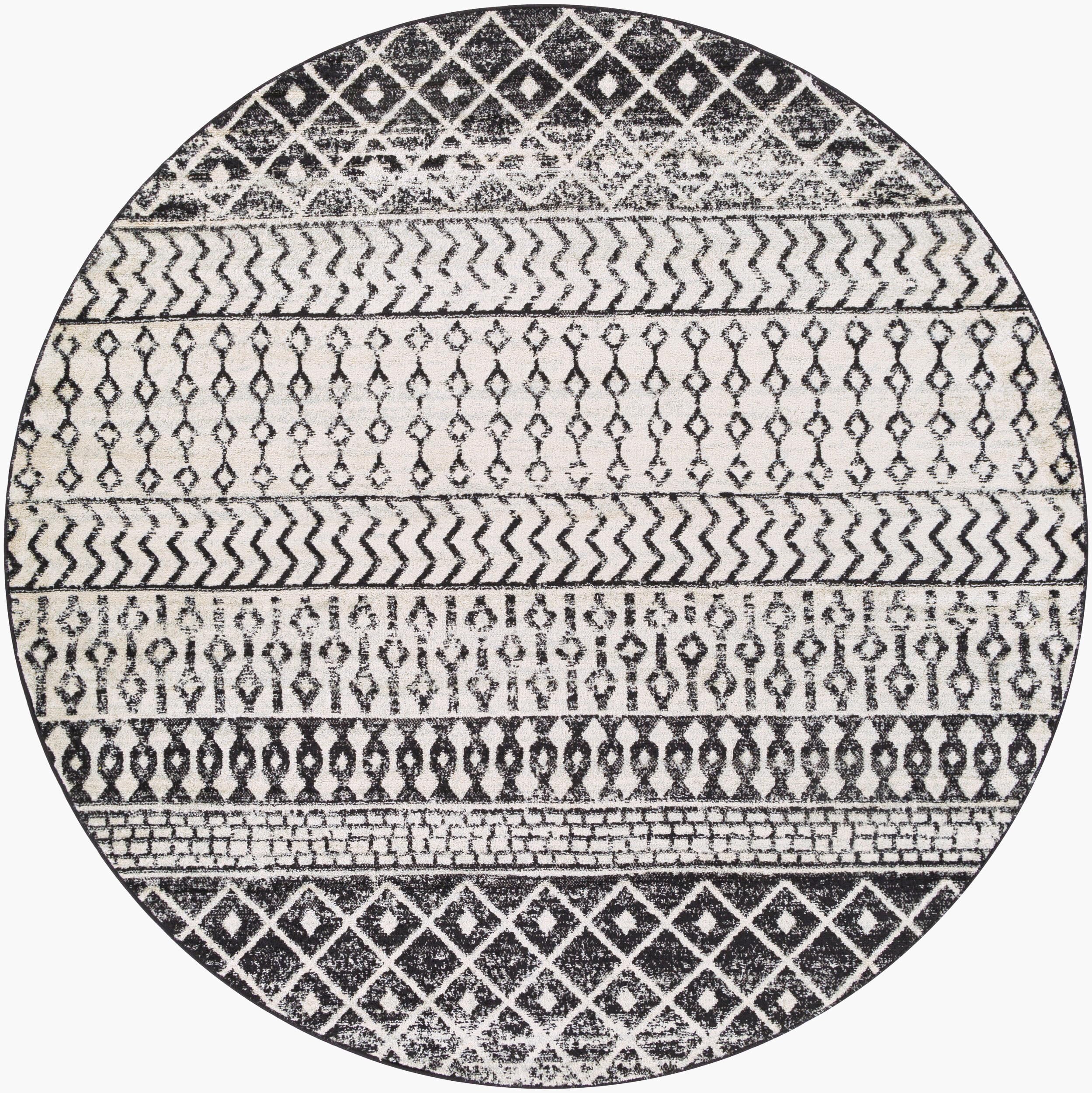 Livabliss Area Rugs - 10ft Round Chester Boho Moroccan Black Rug for Living Room Bedroom - White Grey Geometric Stain Resistant 