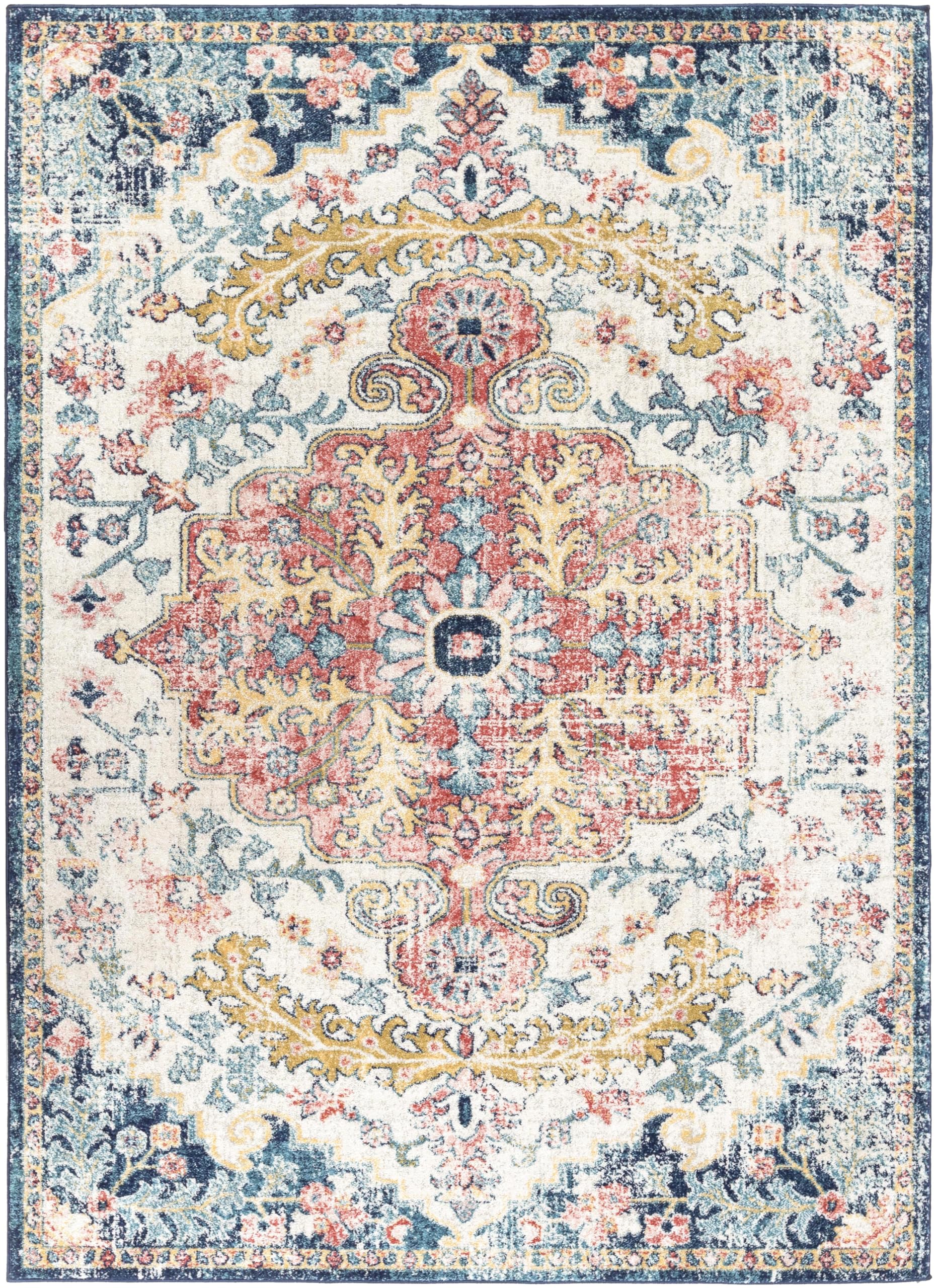 Livabliss Area Rugs - 7x9 Odelia Vintage Boho Aqua Burgandy Blue Area Rug for Living Room Bedroom - Floral Medallion Stain Resis