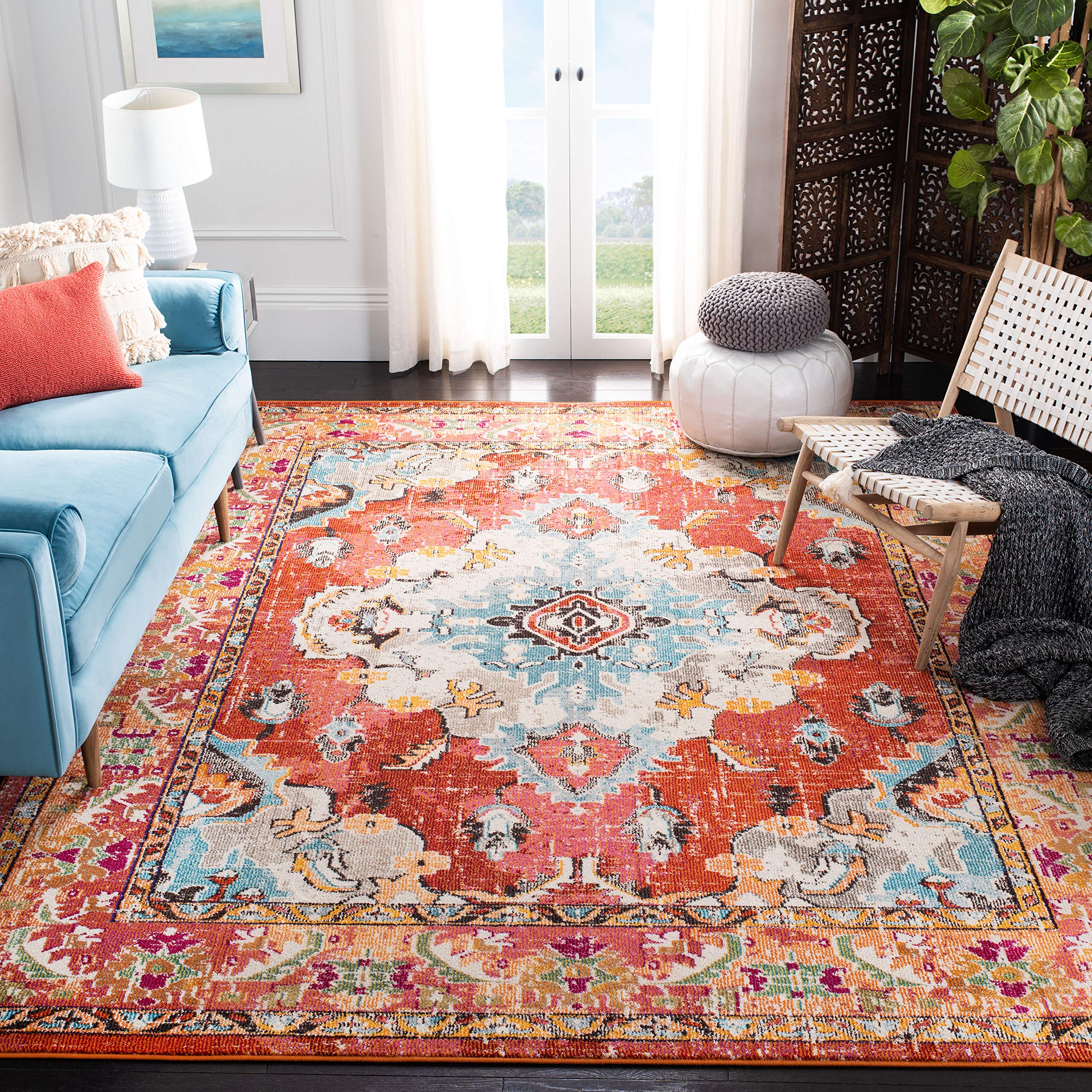SAFAVIEH Monaco Collection X-Large Area Rug - 11 x 15, Orange & Light Blue, Medallion Distressed Design, Non-Shedding & Easy C