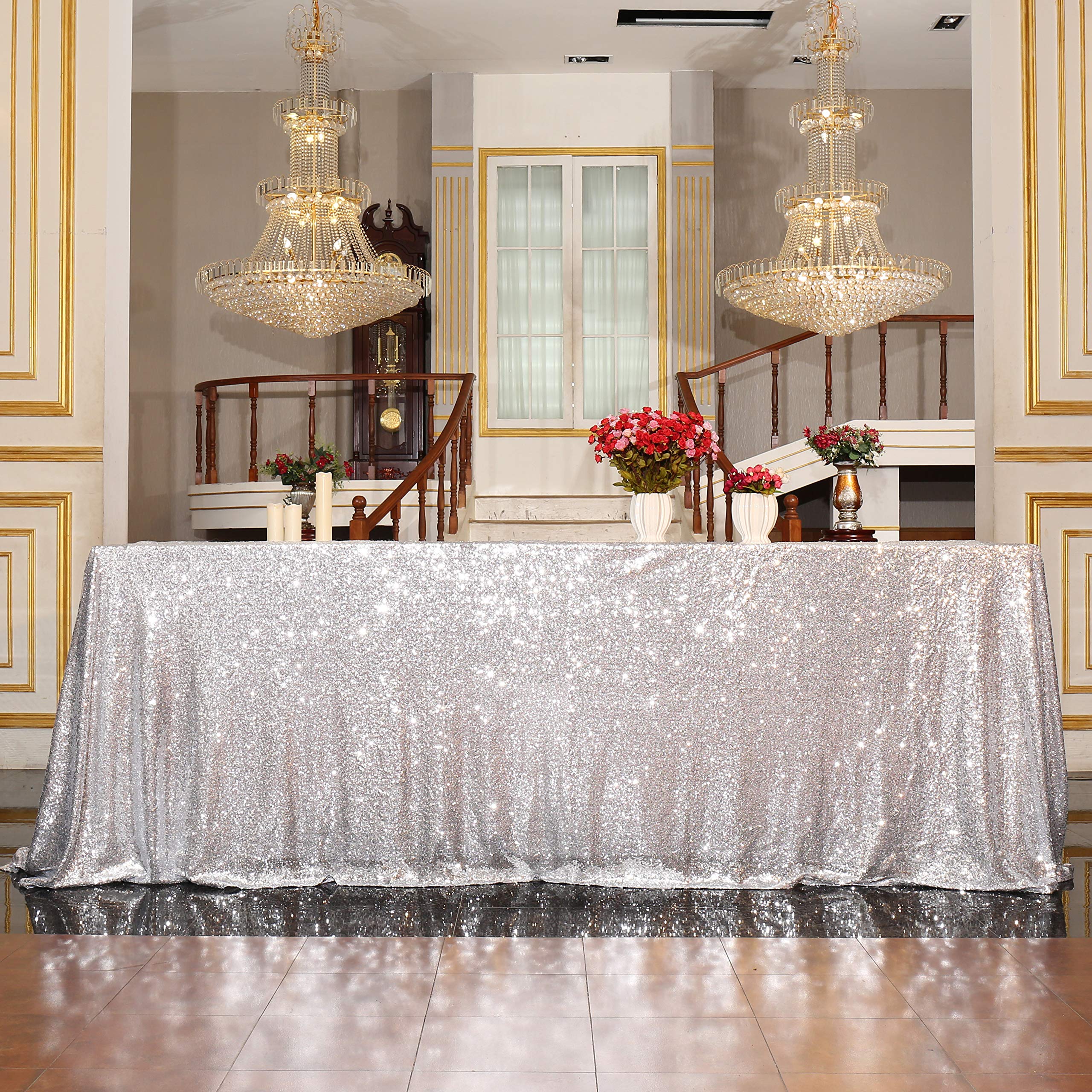 Partydelight Sequin Tablecloth, Wedding, Christmas, Rectangular, 90''X156'', Silver