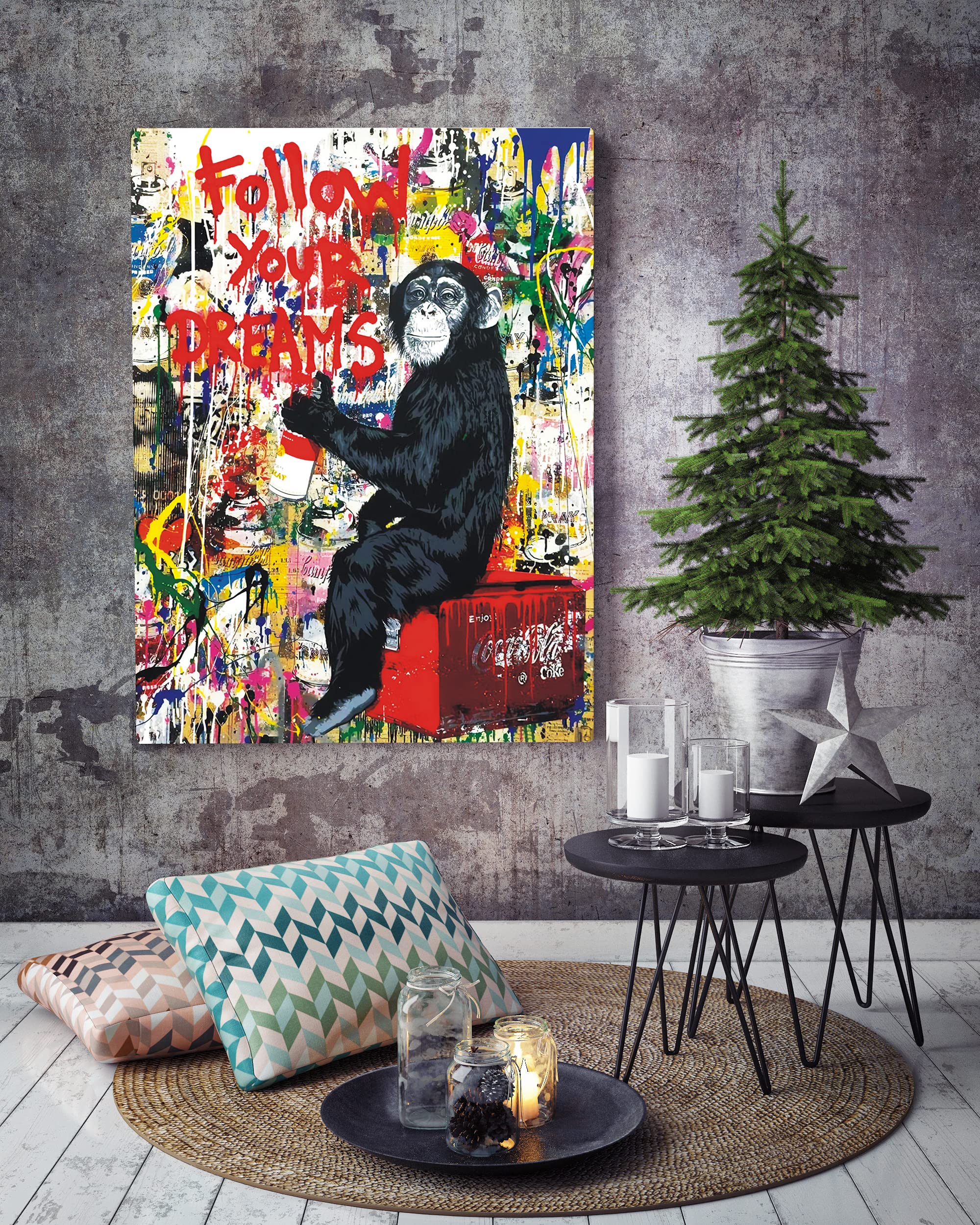 Banksy Monkey Street Graffiti Canvas Print Wall Art,-Follow Your Dreams Animal Canvas Art For Living Room Office Wall Decor Home