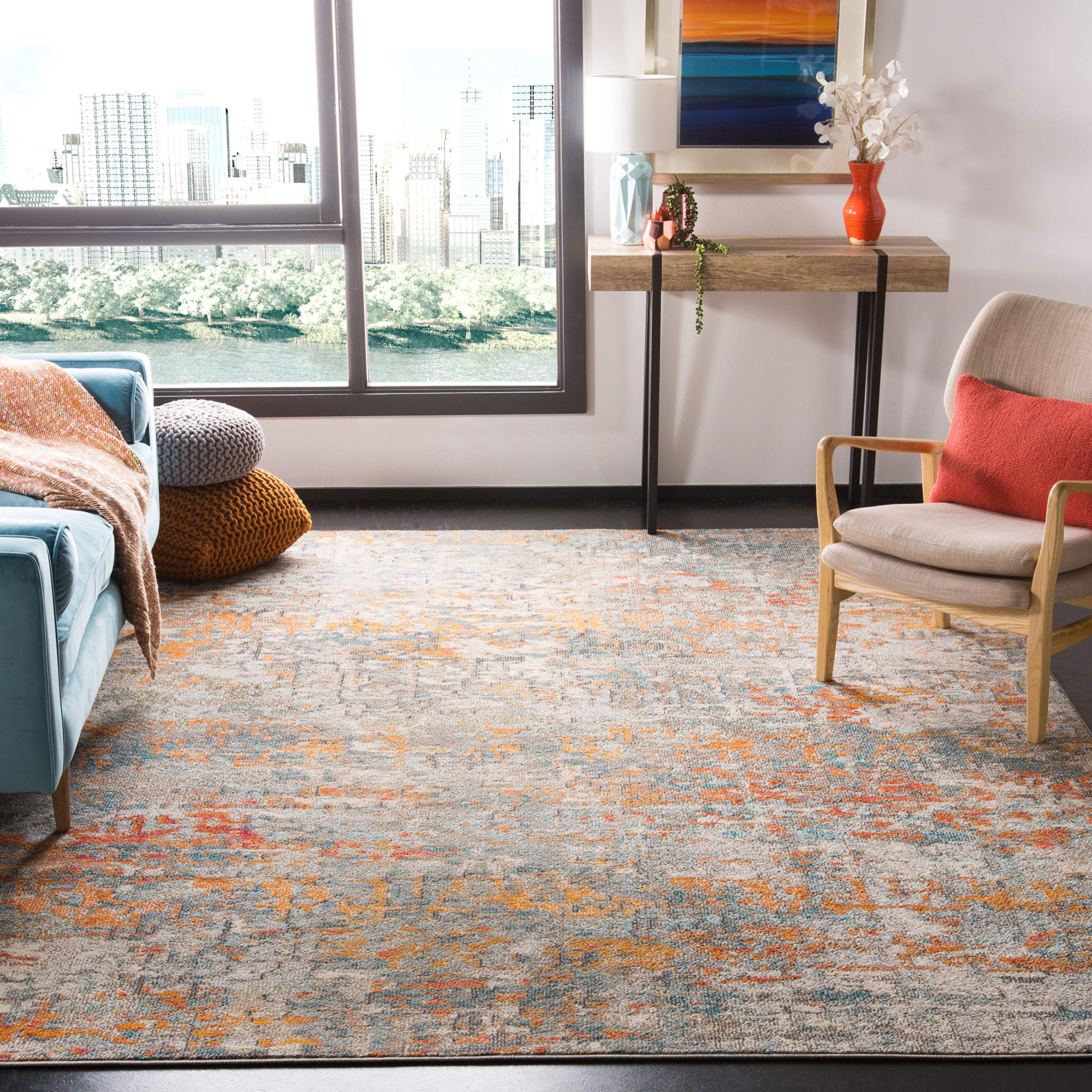 SAFAVIEH Madison Collection Accent Rug - 3 x 5, Grey & Orange, Modern Abstract Design, Non-Shedding & Easy Care, Ideal for Hig