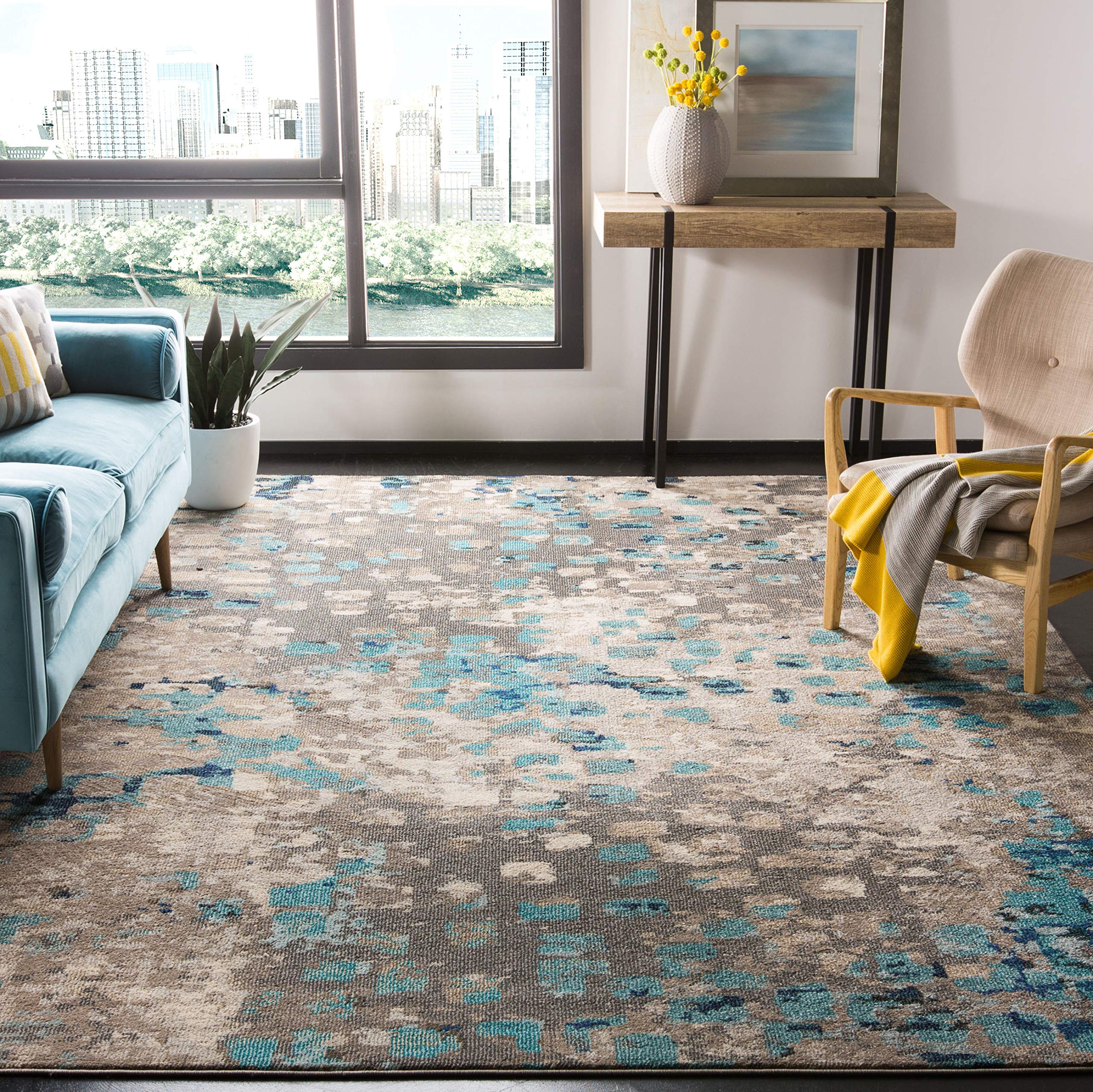 SAFAVIEH Monaco Collection Area Rug - 8 x 10, Grey & Light Blue, Boho Chic Abstract Watercolor Design, Non-Shedding & Easy Car
