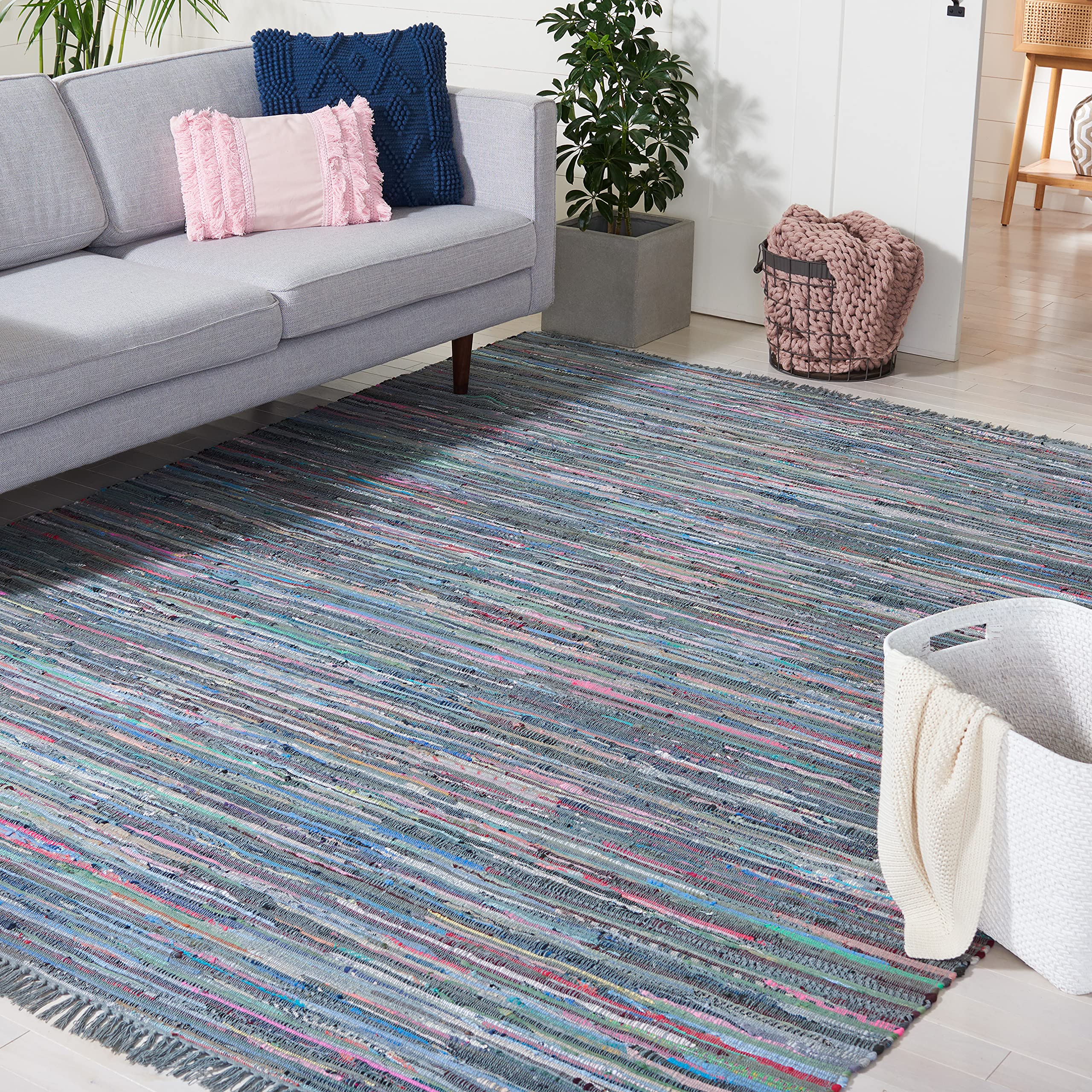 SAFAVIEH Rag Rug Collection Area Rug - 10 x 14, Aqua & Multi, Handmade Boho Stripe Cotton, Ideal for High Traffic Areas in Liv