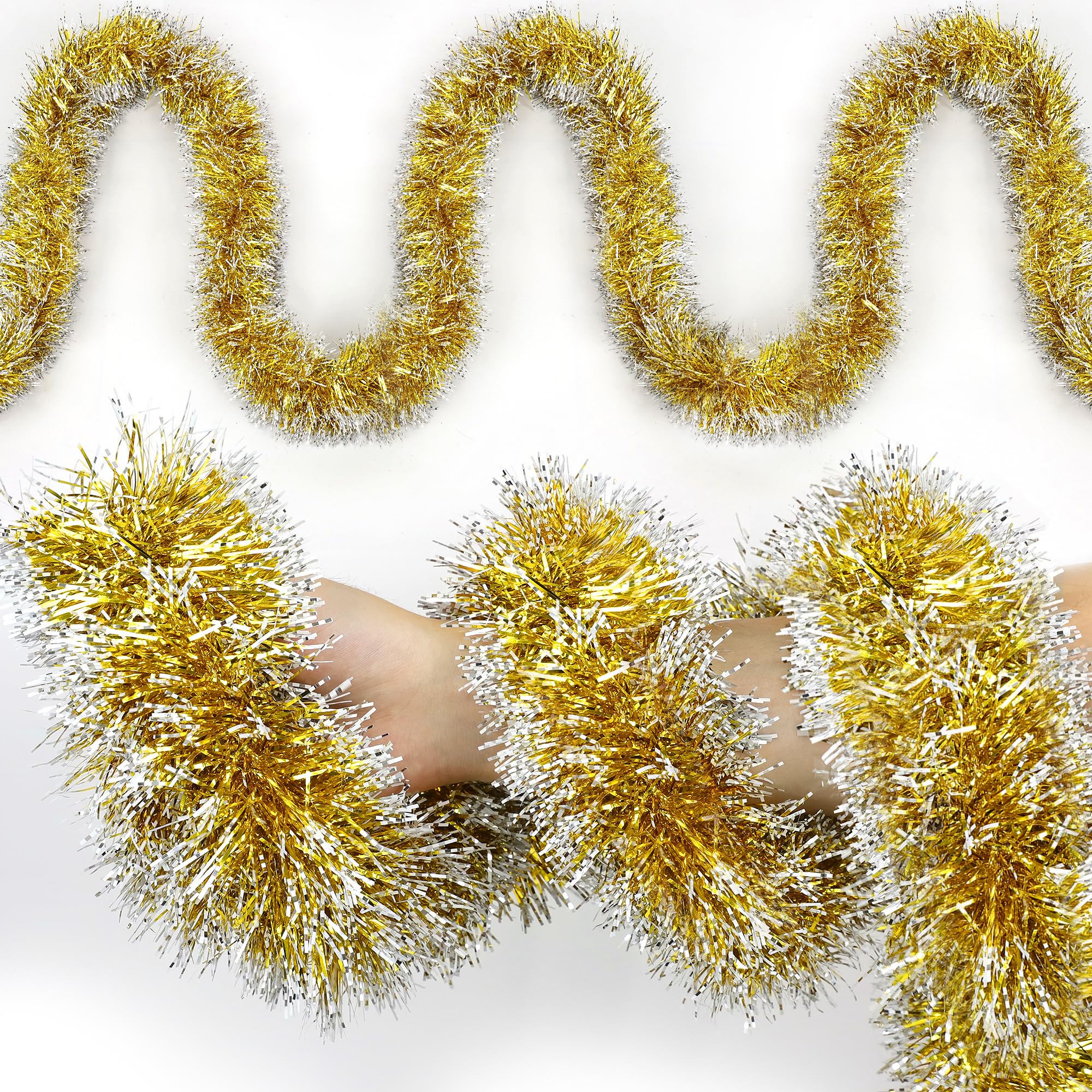 50FT Christmas Tinsel Garland Gold Metallic Twist Xmas Frosted Tip Hanging Garland for Christmas Tree Decoration Indoor Outdoor 
