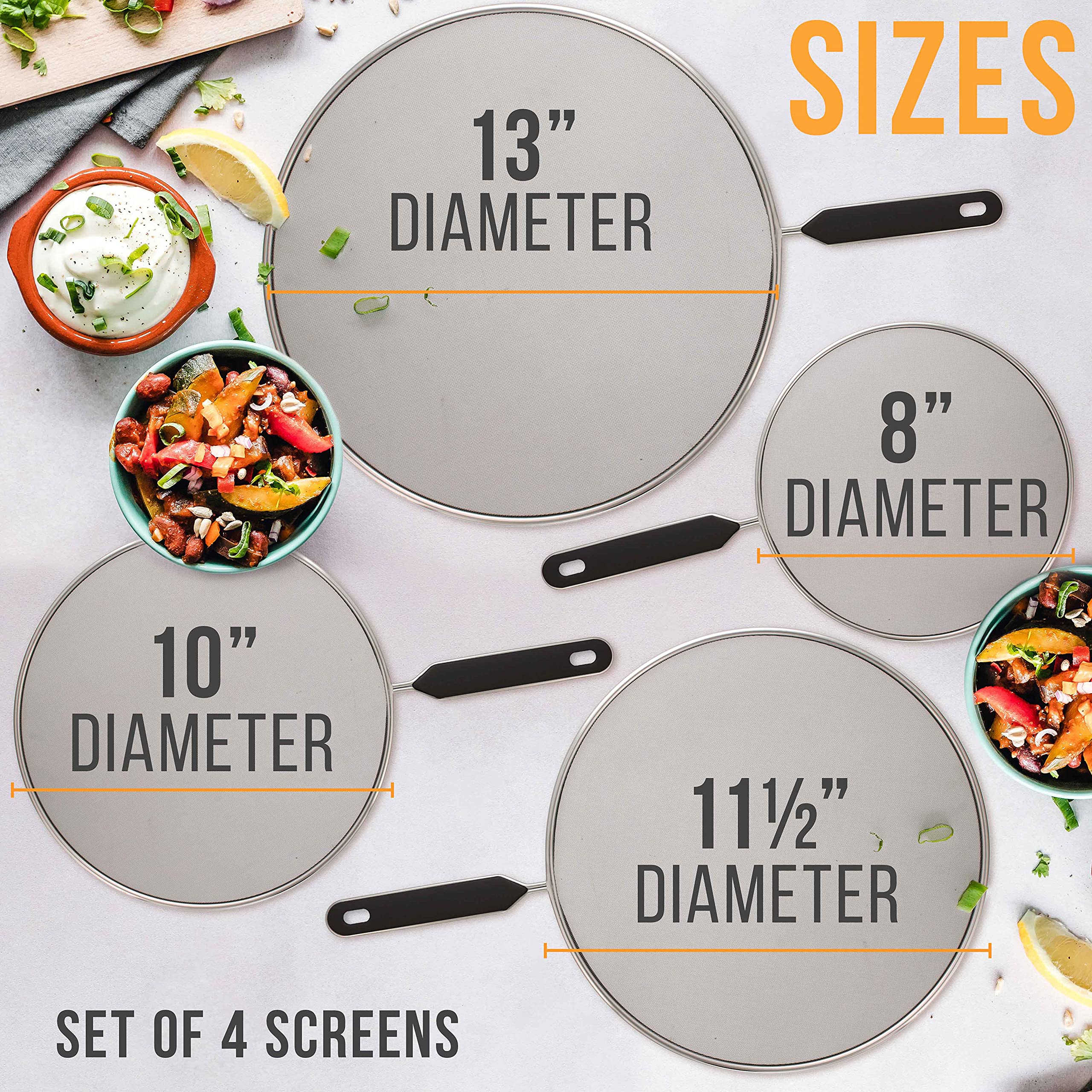 U.S. Kitchen Supply Set Of 4 Classic Splatter Screens, 13'', 11.5'', 10'', And 8'' - Stainless Steel Fine Mesh, Comfort Grip Han
