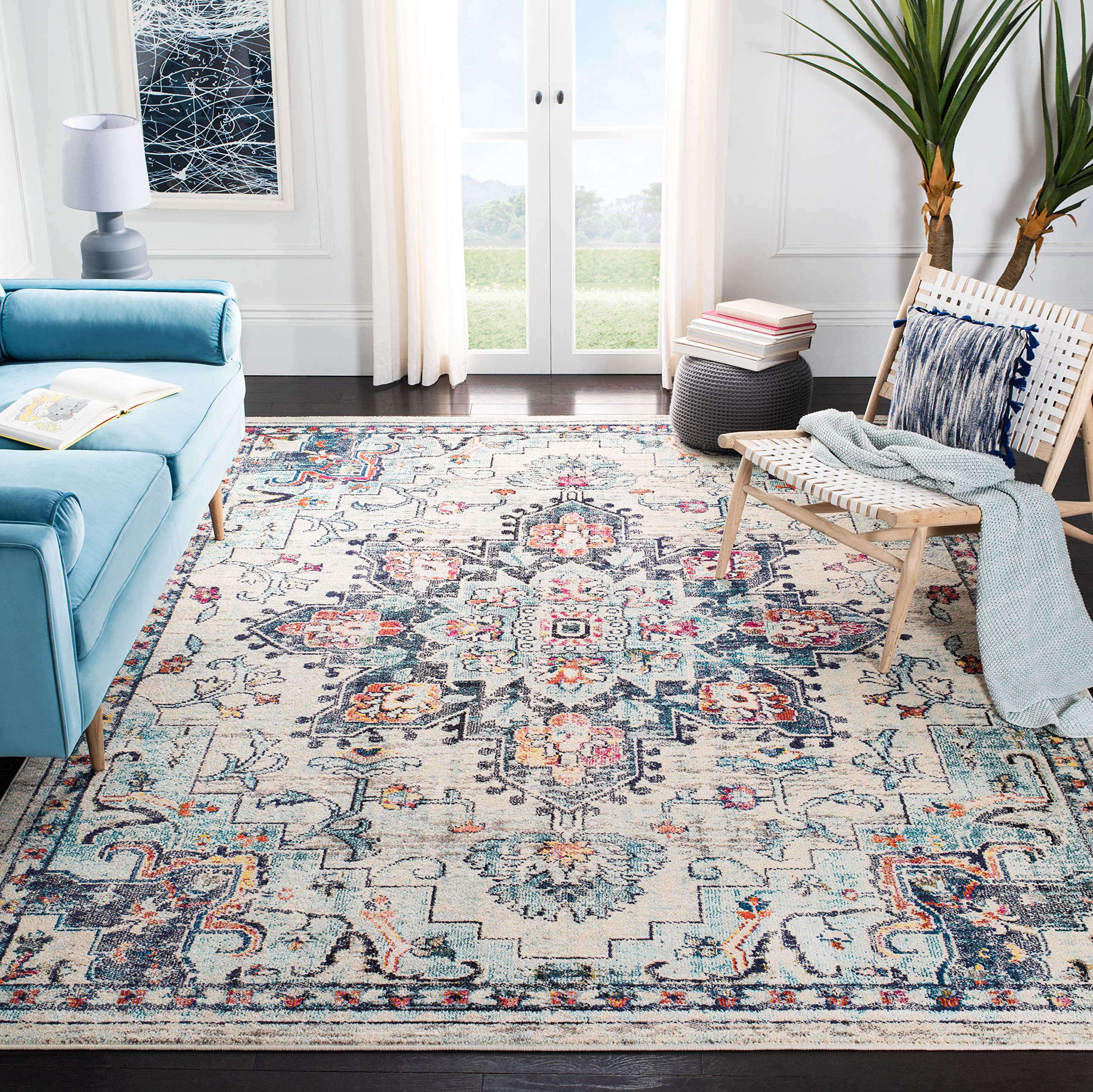 SAFAVIEH Madison Collection Area Rug - 9 Square, Cream & Blue, Boho Chic Medallion Distressed Design, Non-Shedding & Easy Care,