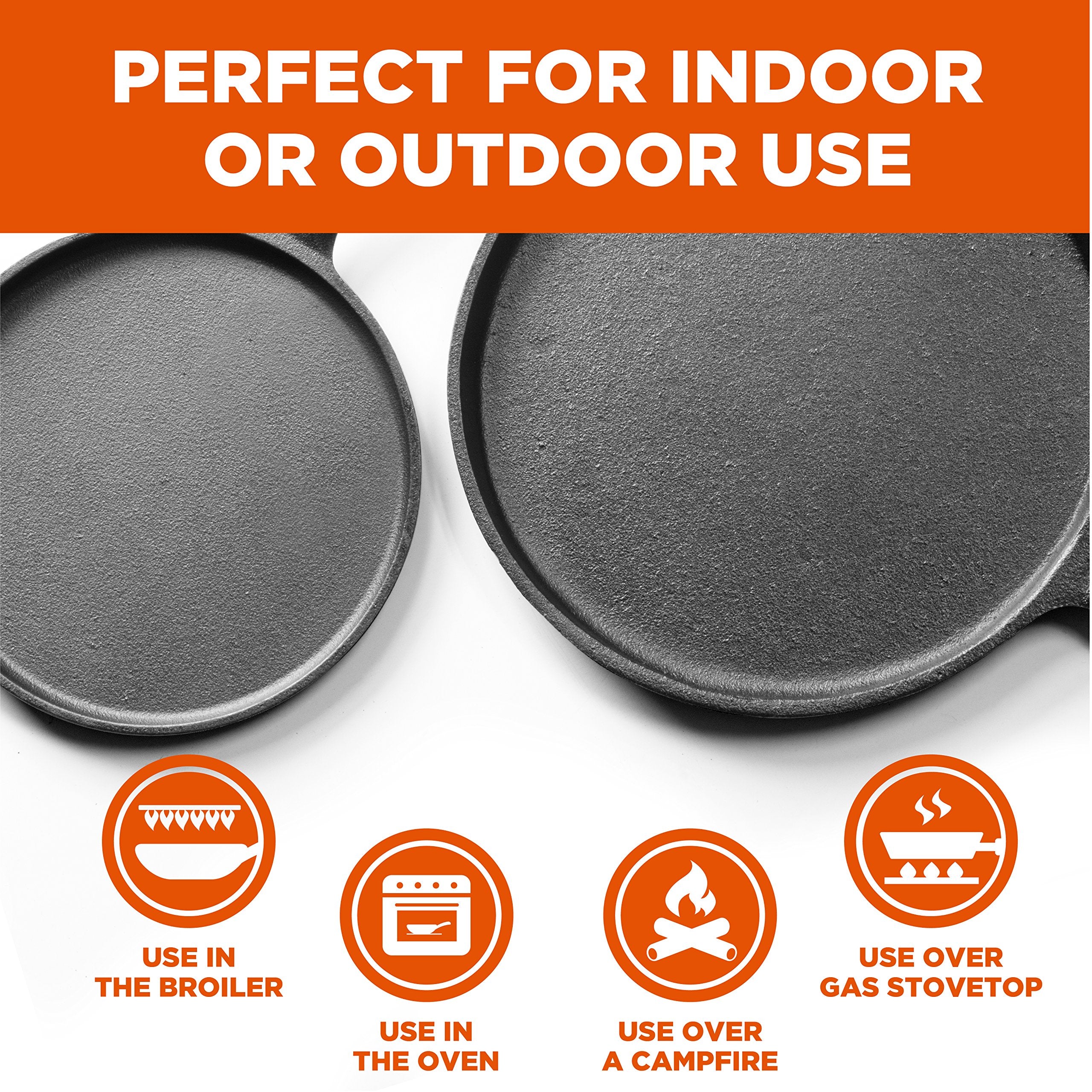 Commercial Chef Round Cast Iron Griddle Pan 3-Piece Set - 8-Inch, 10-Inch, And 12-Inch - Pre-Seasoned Griddle Cast Iron Cookware