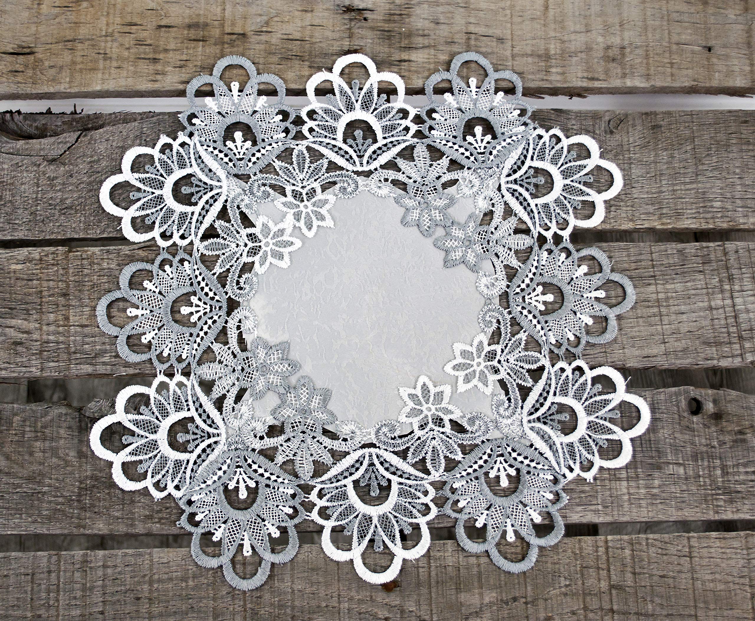 Silver Antique Jacquard Peacock Tail Lace Doily, Place Mat, Table Centerpiece, Table Topper (14 Inch Square)