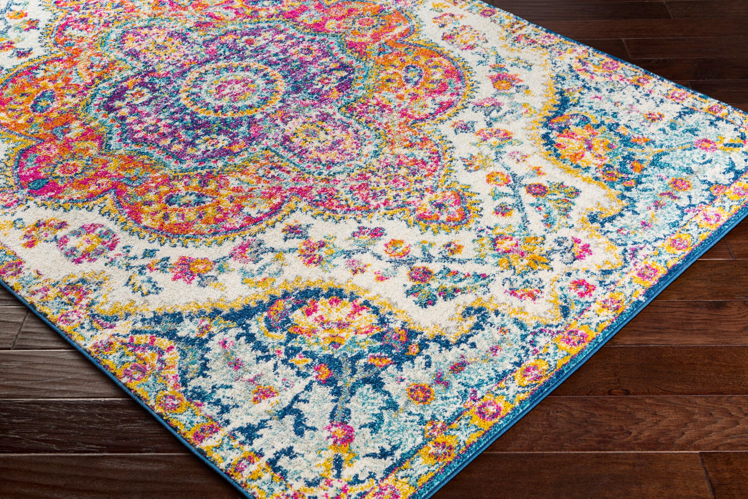 Livabliss Area Rugs - 8x8 Romaine Vintage Boho Fuchsia Mustard Blue Square Area Rug for Living Room Bedroom - Floral Medallion S