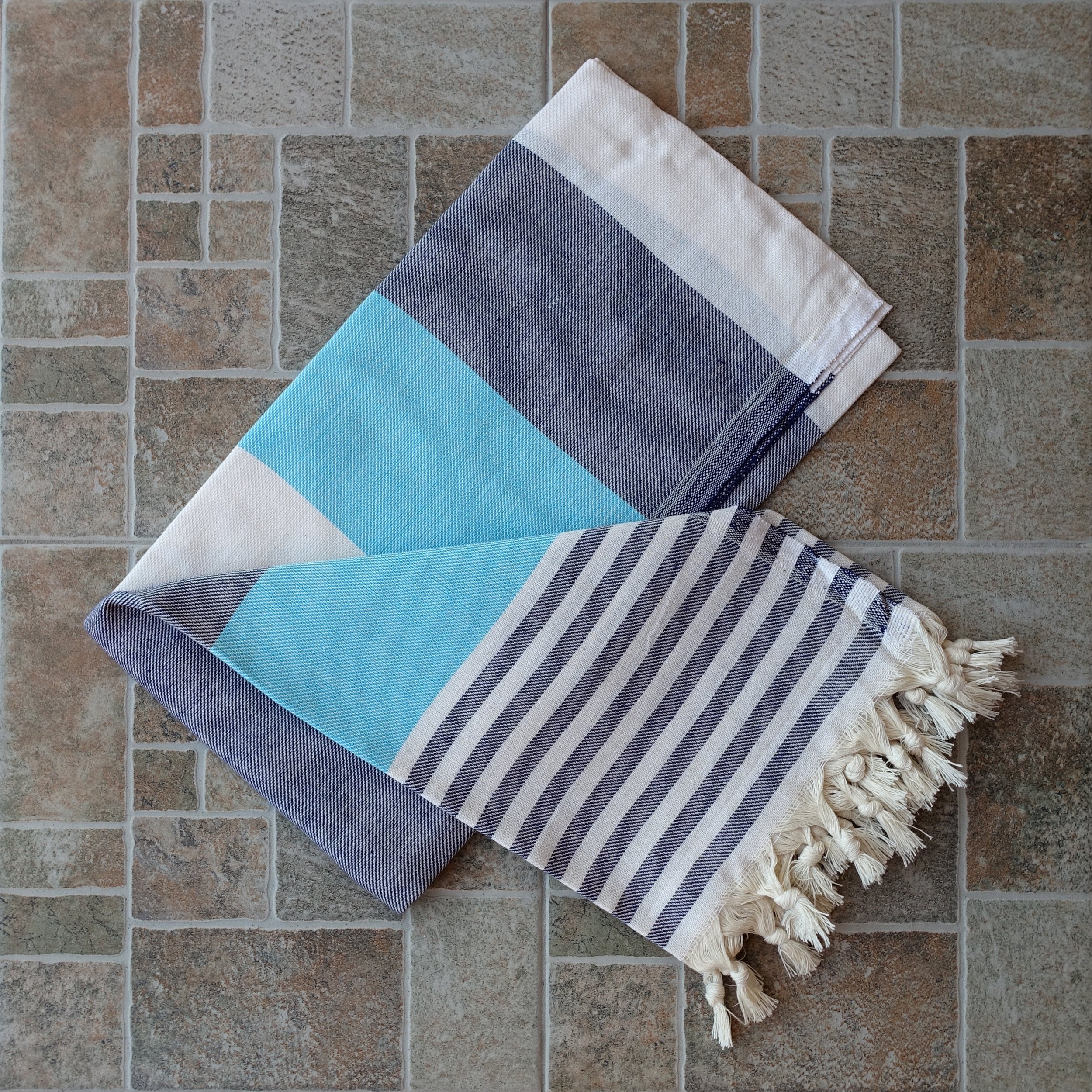 Dandelion - Palette Pattern - Naturally-Dyed Cotton Turkish Towel Peshtemal - 71X39 Inches - Dark Blue & Turquoise