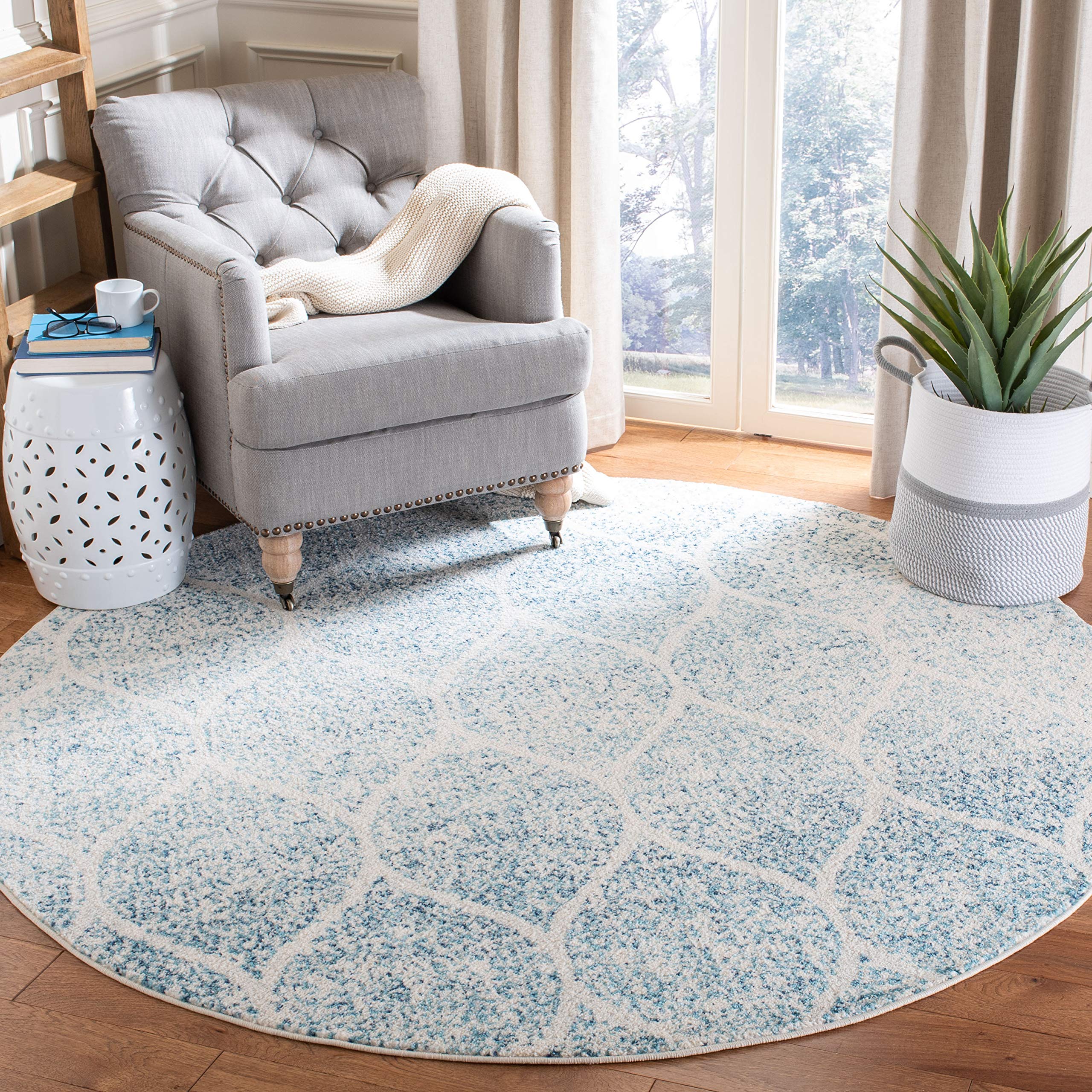 SAFAVIEH Madison Collection 67 Round Cream / Turquoise MAD604E Glam Ogee Trellis Distressed Non-Shedding Dining Room Entryway F