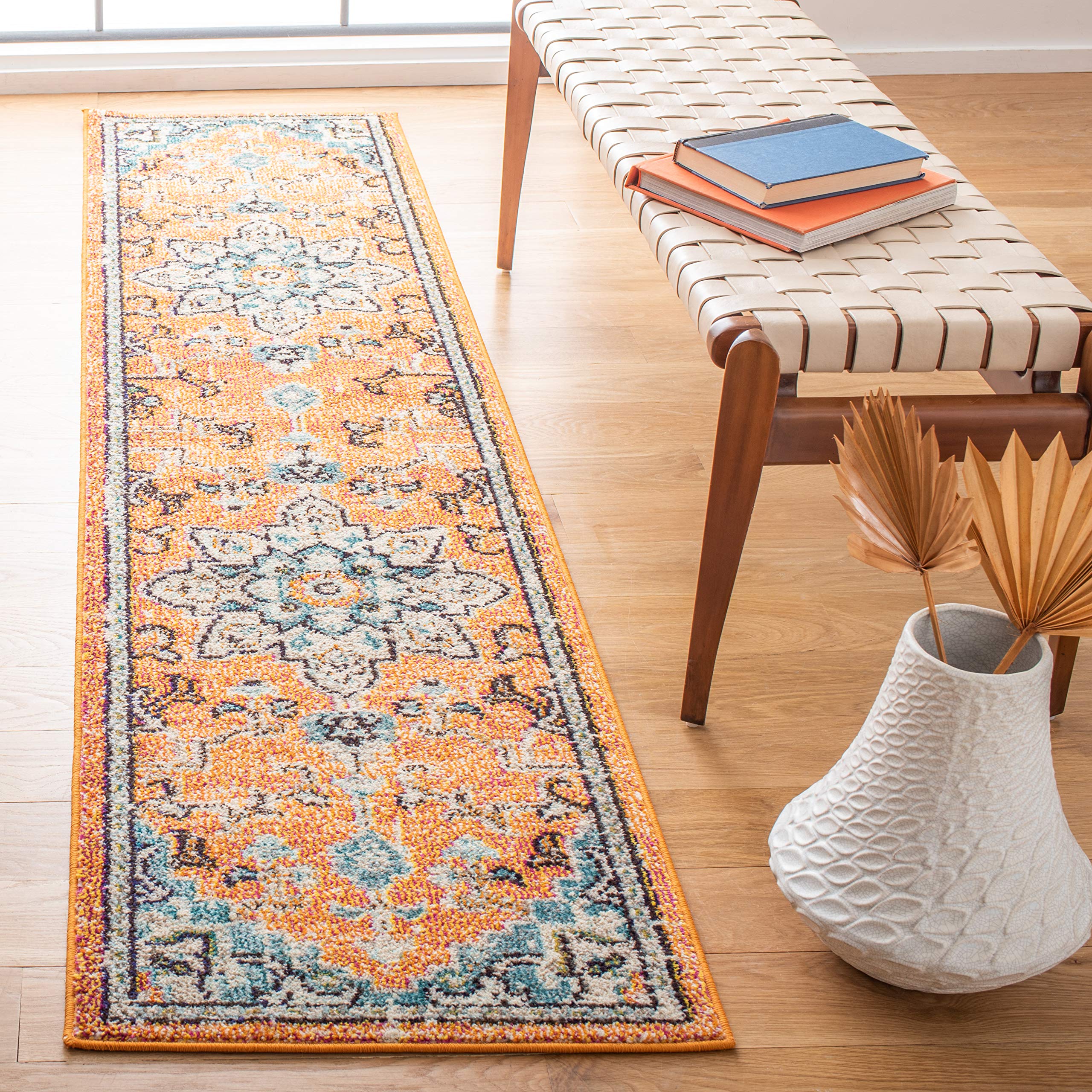 SAFAVIEH Madison Collection Runner Rug - 2 x 8, Orange & Teal, Boho Chic Medallion Distressed Design, Non-Shedding & Easy Care