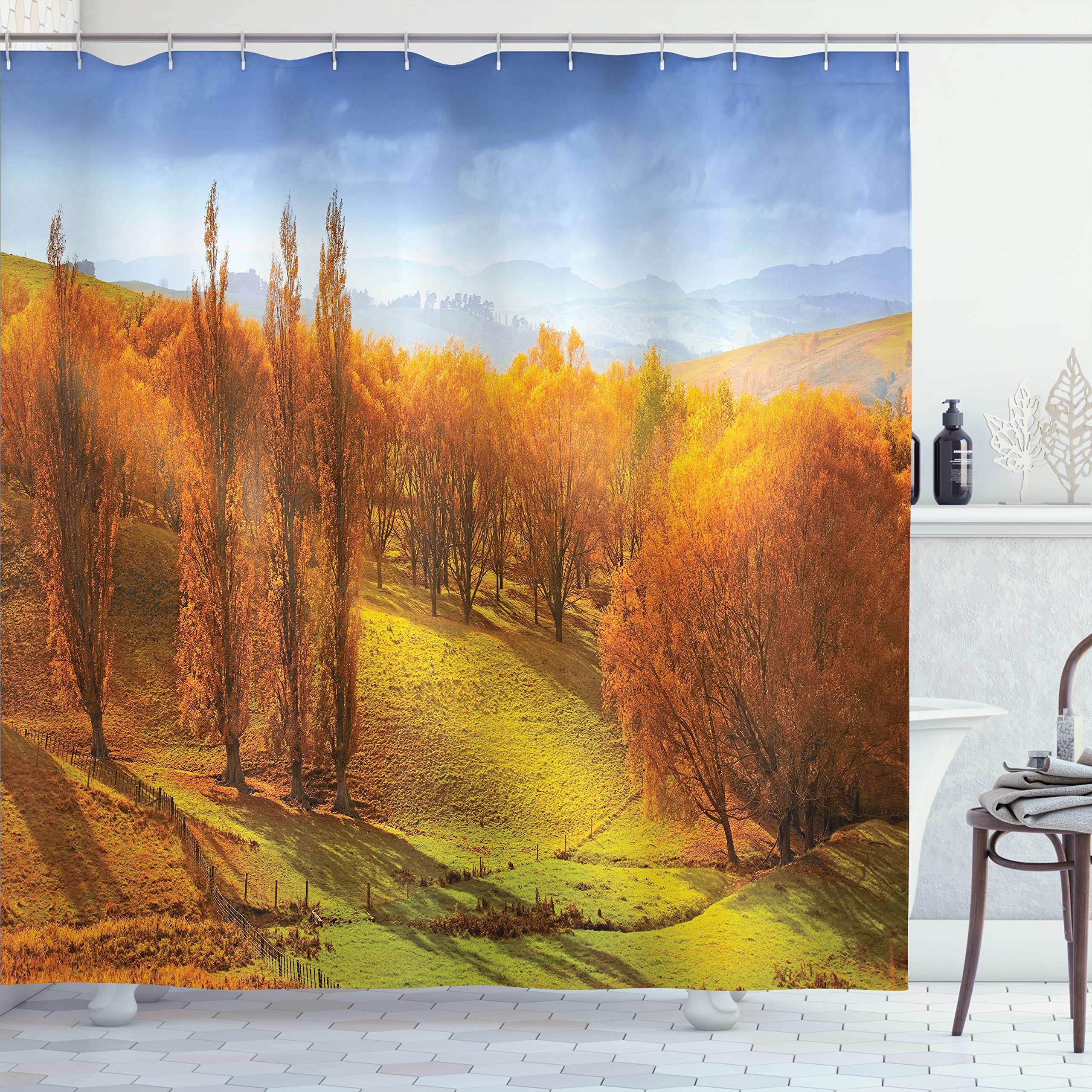 Ambesonne Autumn Shower Curtain, Sunrise In Autumn In New Zealand Leaves Forest Foliage Hillside View, Cloth Fabric Bathroom Dec