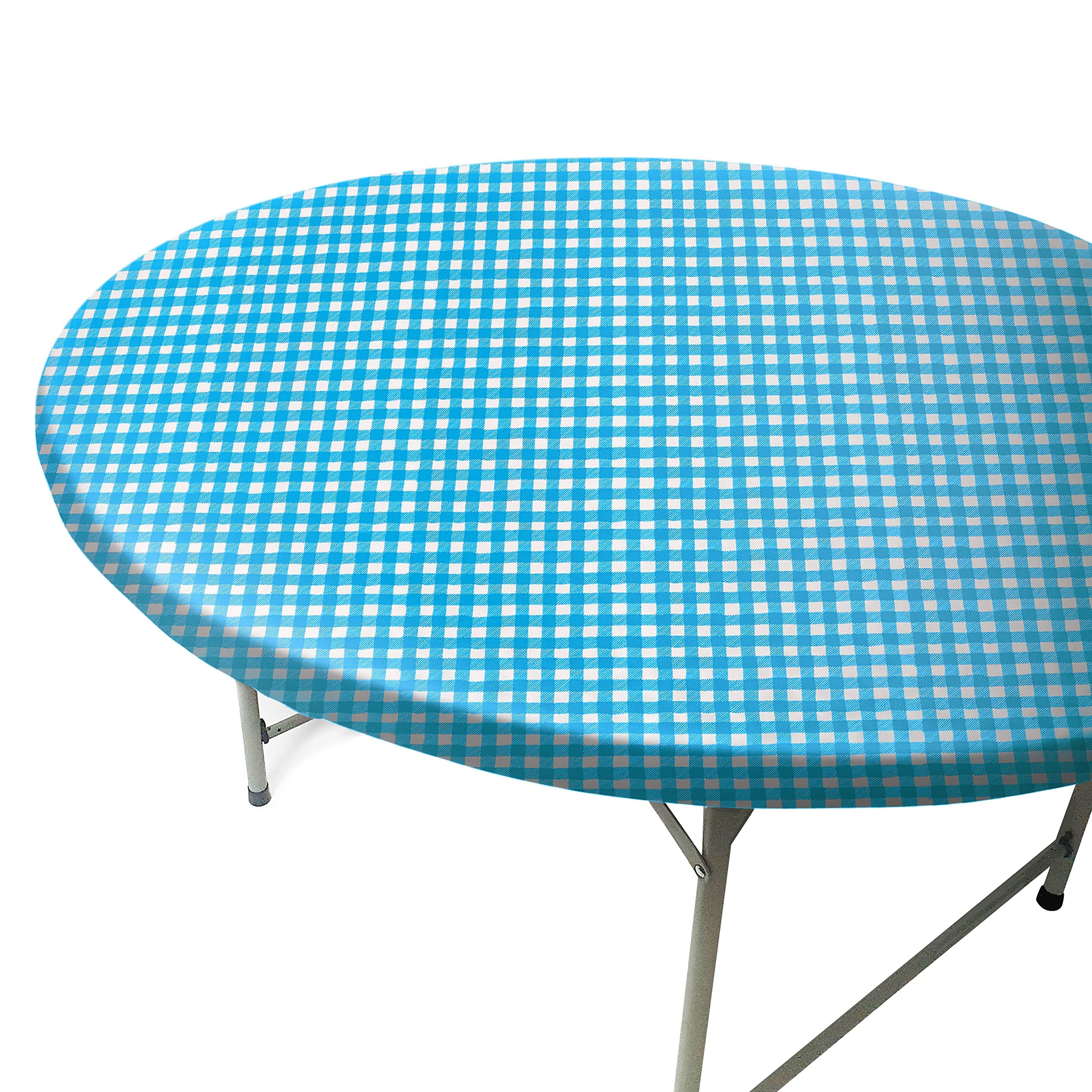 Toptablecloth Fits Tables Up To 31'' To 36'' Inch Round Tablecloth Elastic White & Blue Checkered Small Tablecover Outdoor Plast
