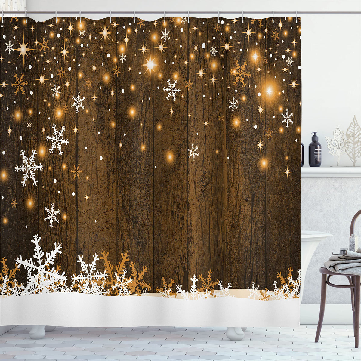 Ambesonne Christmas Shower Curtain, Rustic Wooden Backdrop With Snowflakes And Warm Traditional Celebration Print, Cloth Fabric