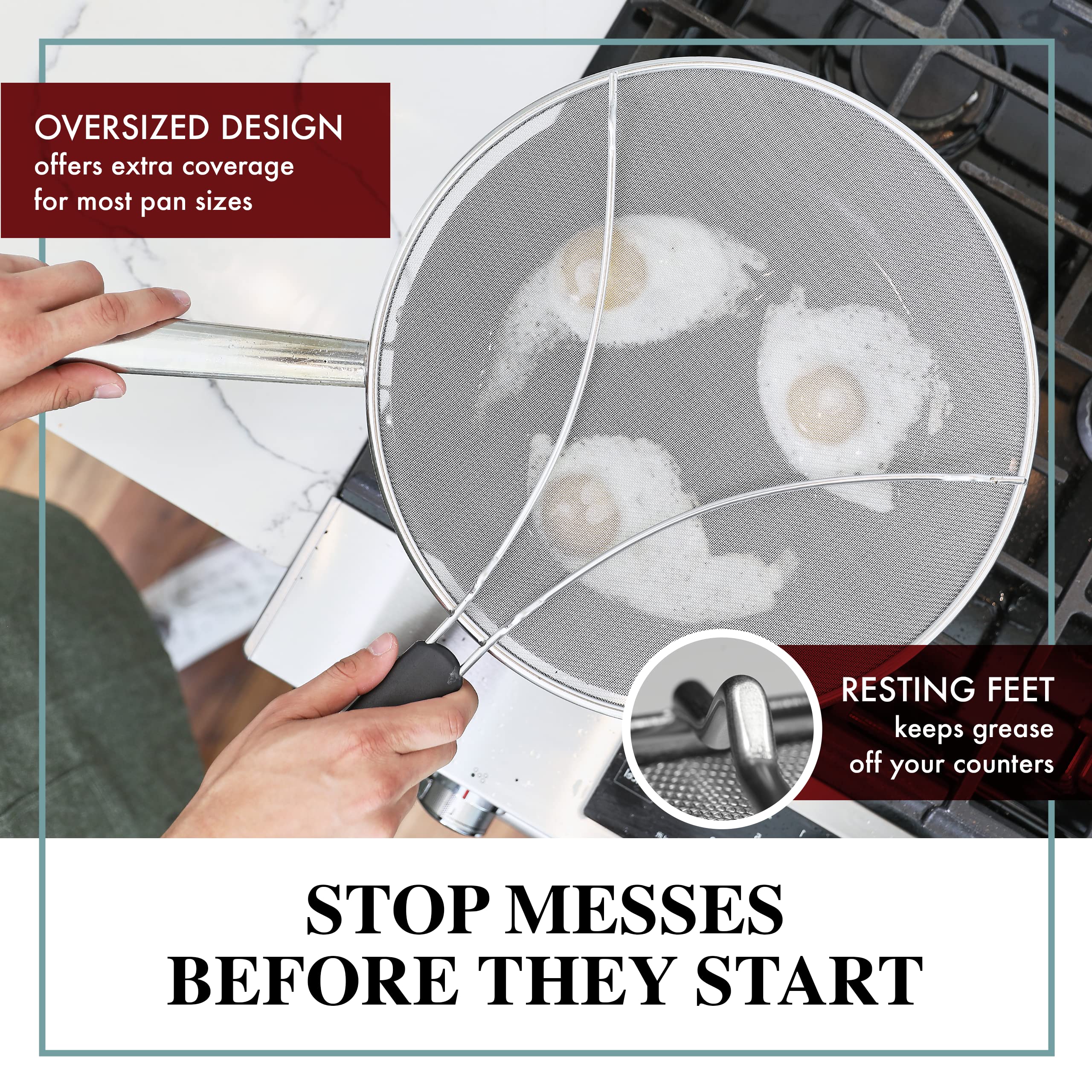 Bergkoch Splatter Screen For Frying Pan - 15 Inch Stainless Steel Grease Splatter Guard - Cover Oil Splash When Sizzling Bacon,