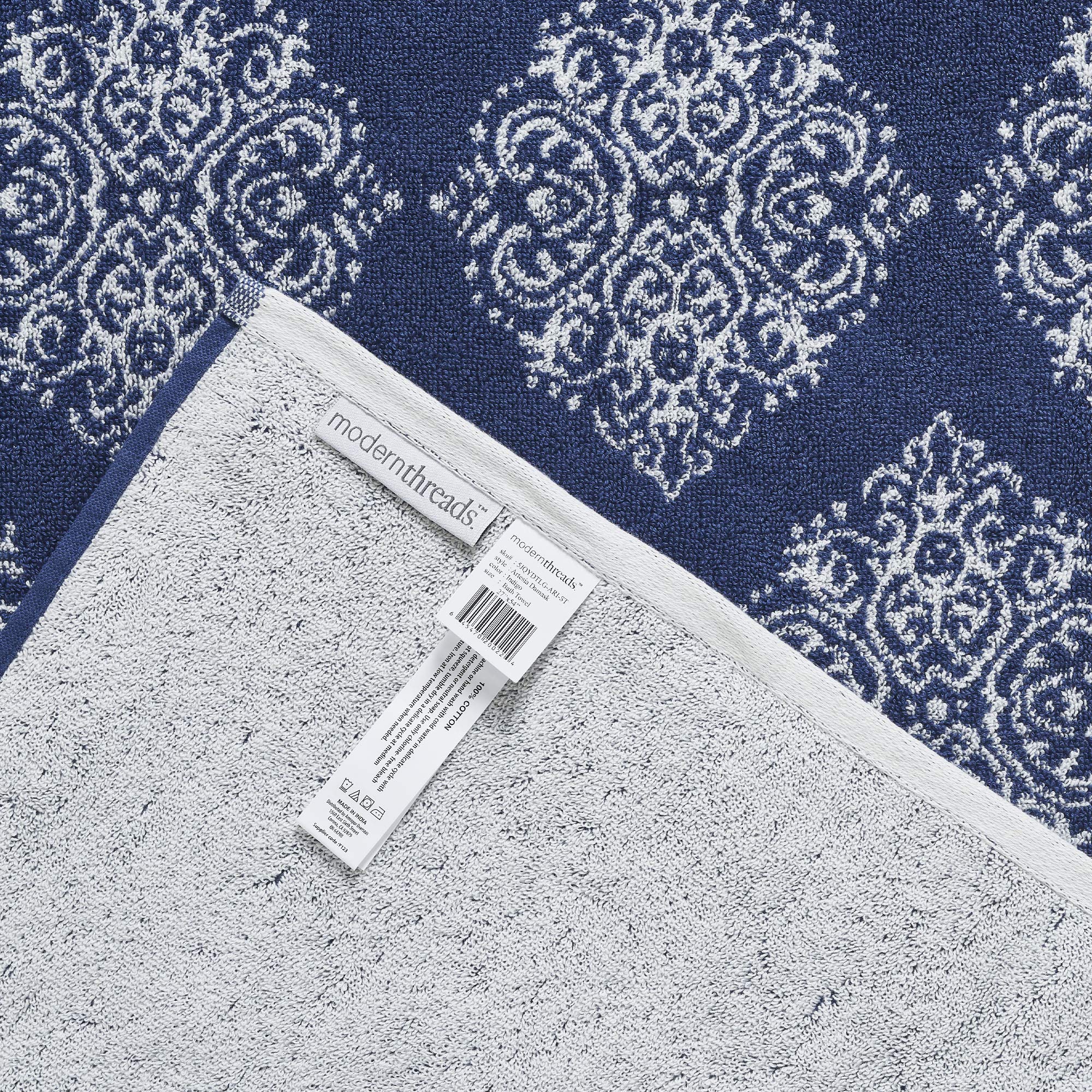 Amrapur Overseas | Artesia Damask 6 Piece Reversible Yarn Dyed Jacquard Towel Set (Indigo)