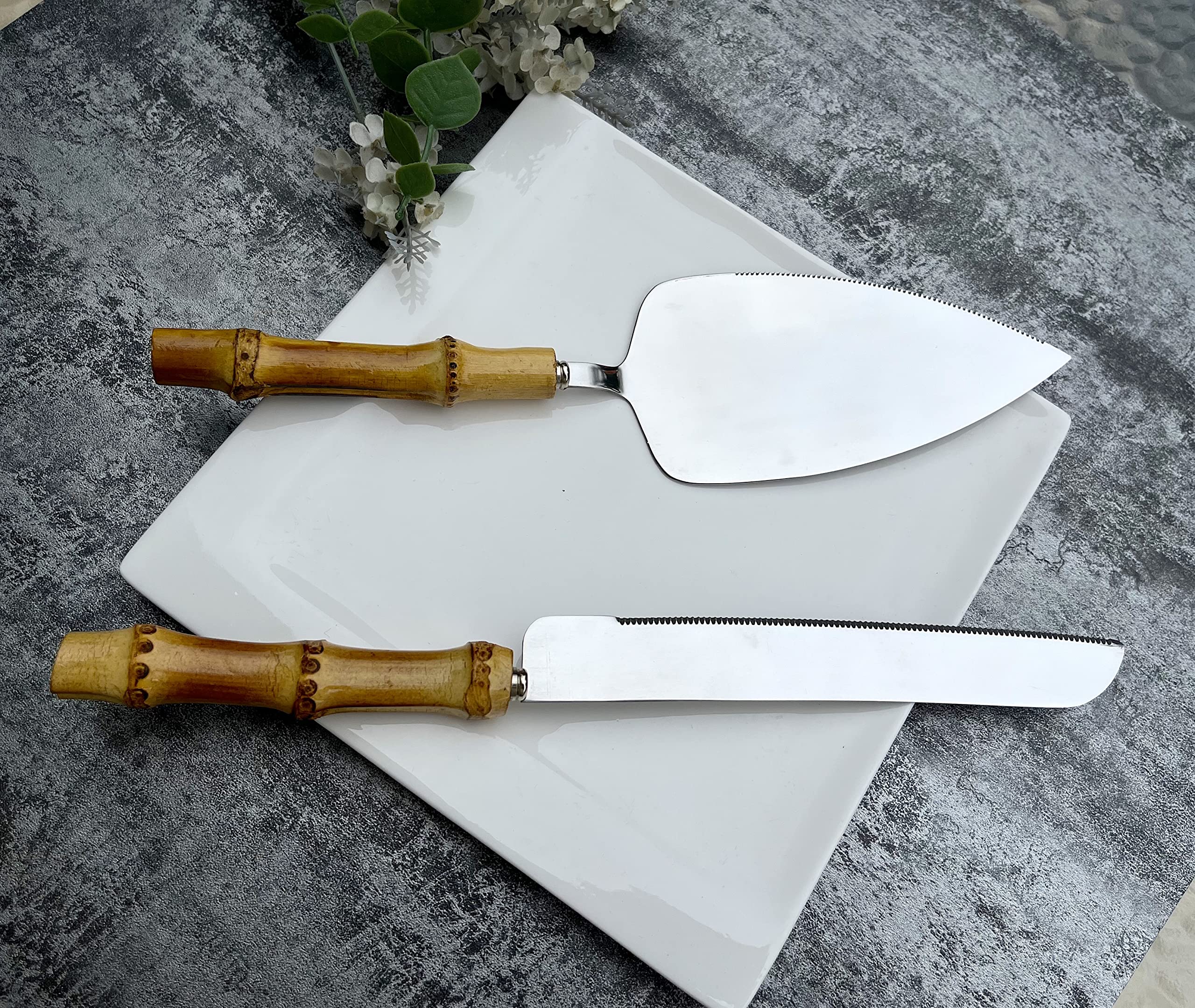 Nature Real Bamboo Handle Flatware 5-Piece Set, Stainless Steel 18/10 Food Safety Grade Silverware Cutlery Set Eating Utensils M