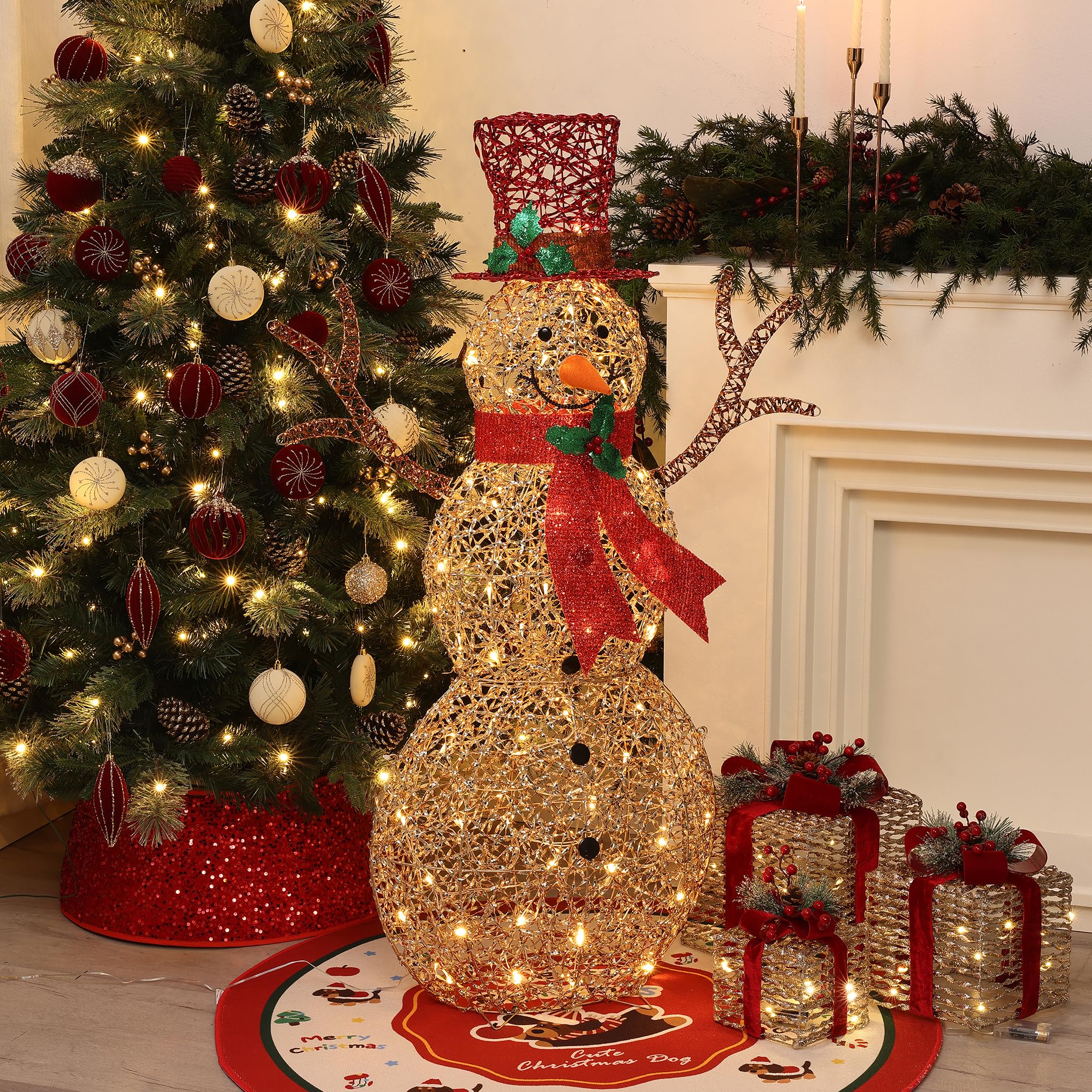 LuxenHome 4FT Lighted Snowman Outdoor Christmas Decorations, Gold Light Up Snowman Christmas Decor with 70 LED Light, Red Scarf