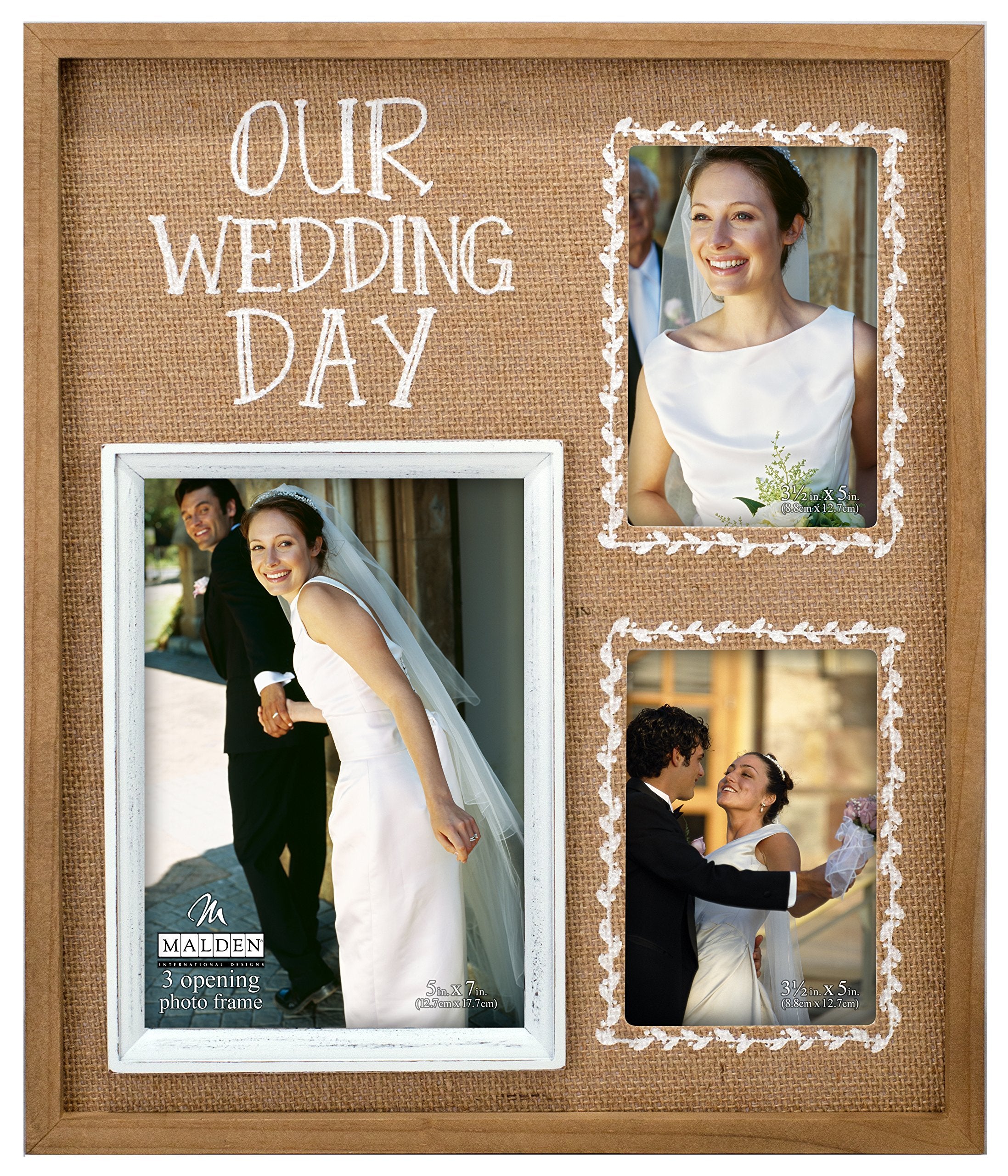 Malden International Designs Burlap Wall Sentiments Silkscreened Our Wedding Day Picture Frame, 3 Option, 2-4x6 & 1-5x7, Tan