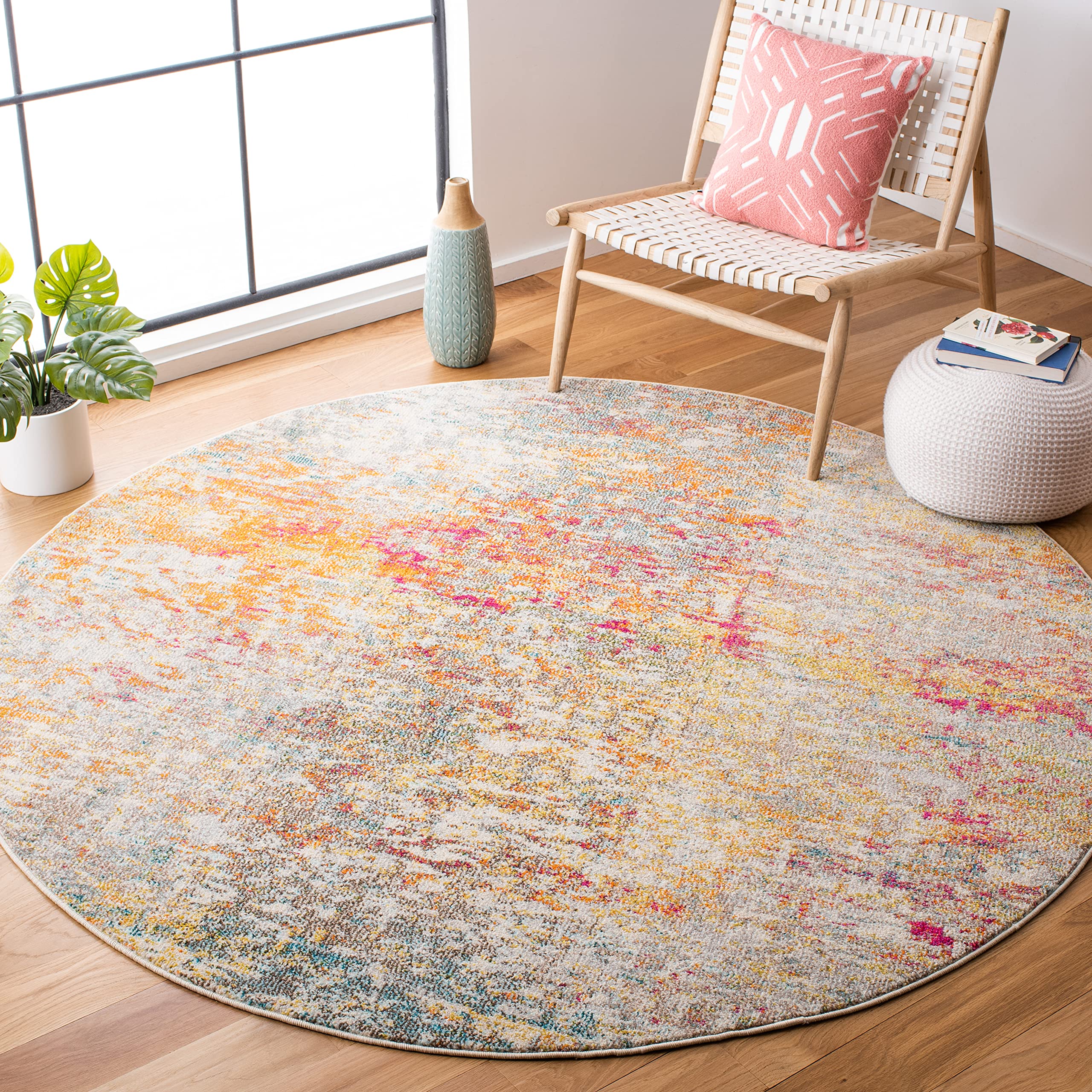 SAFAVIEH Madison Collection 9 Round Grey / Turquoise MAD460G Modern Abstract Non-Shedding Dining Room Entryway Foyer Living Roo