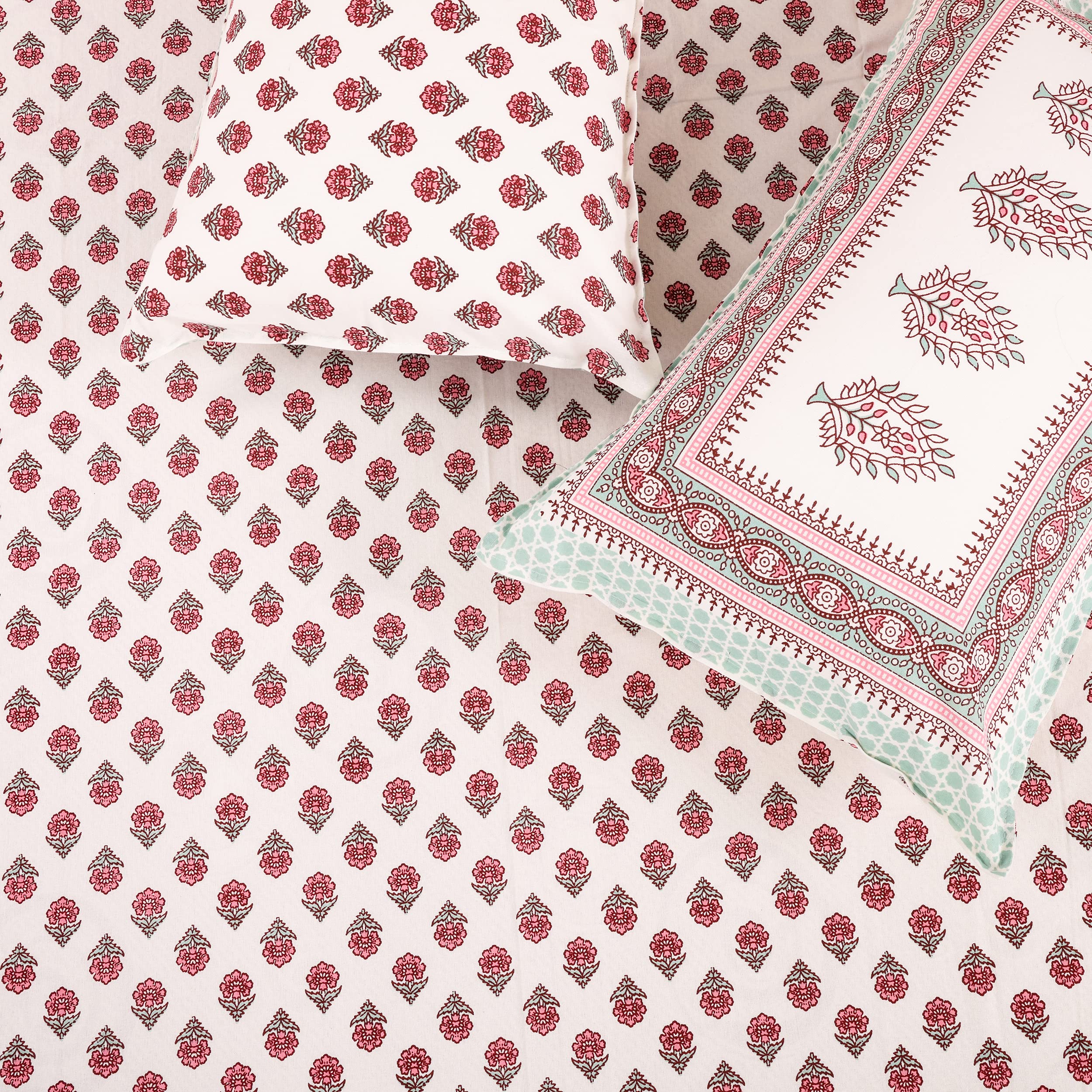 Pure Cotton Block Print Jaipuri Bedsheet For Double Bed With 2 Pillow Covers  Super King Size  Pink Butti Design