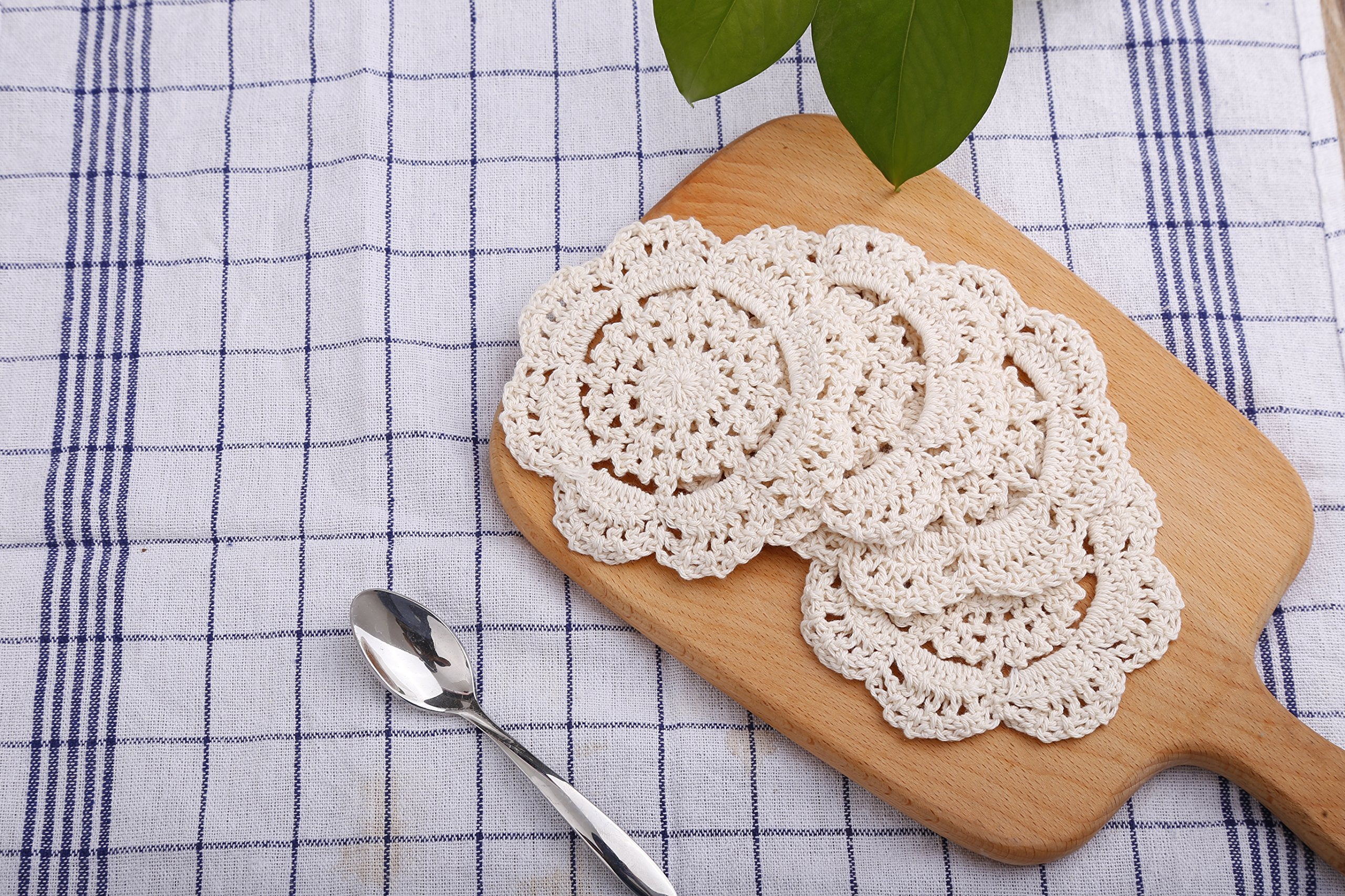 Phantomon Doilies Crochet Cotton Lace Round Handmade Coasters Small Doilies Cloth 4 Inch, Pack Of 4 (Beige)