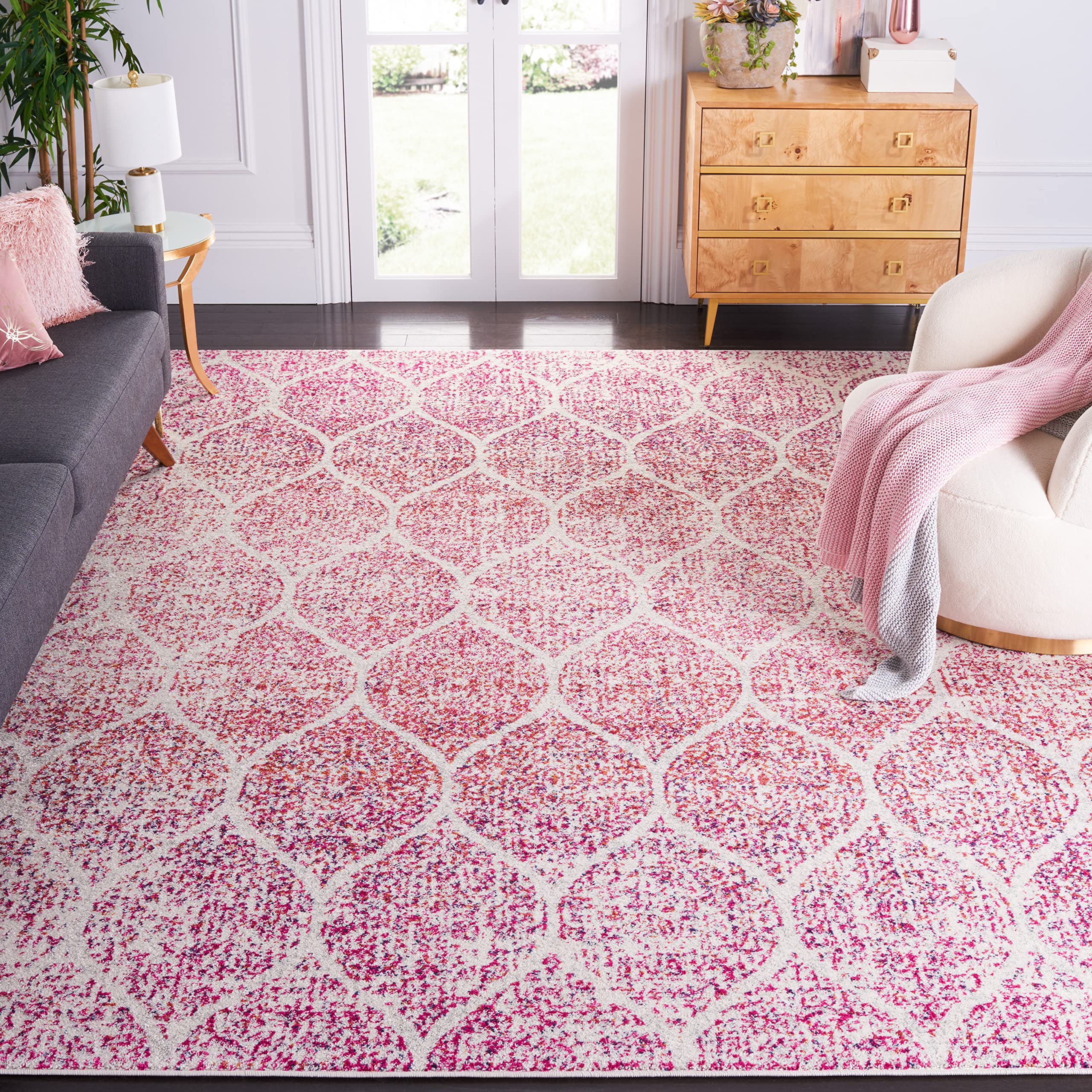 SAFAVIEH Madison Collection 9 x 12 Cream Fuchsia MAD604R Glam Ogee Trellis Distressed Non-Shedding Living Room Bedroom Dining 